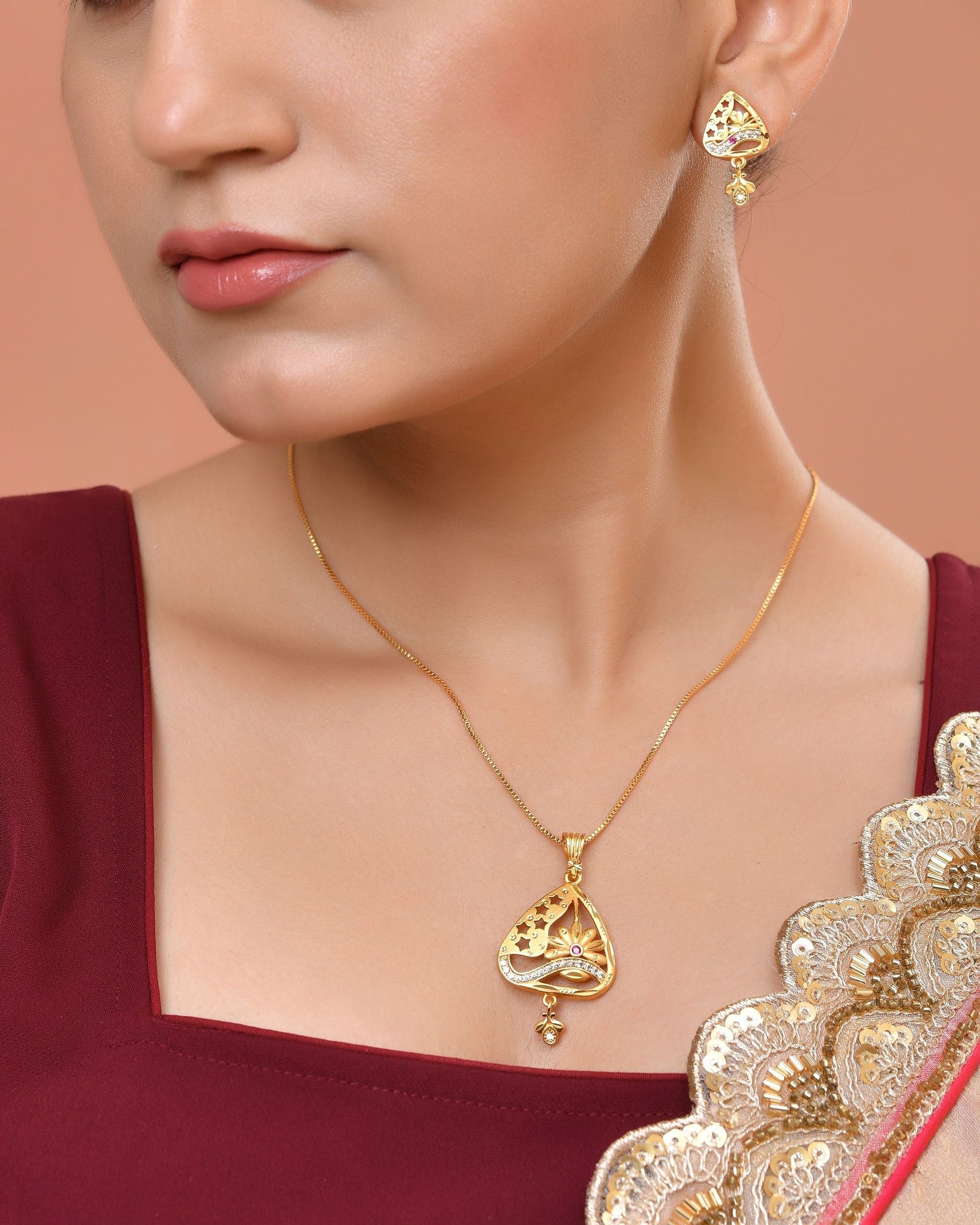 VOJ Gold Plated Floral Design Triangular Pendant With Chain And Earrings Set  Grab2Buy VOJ Grab2Buy