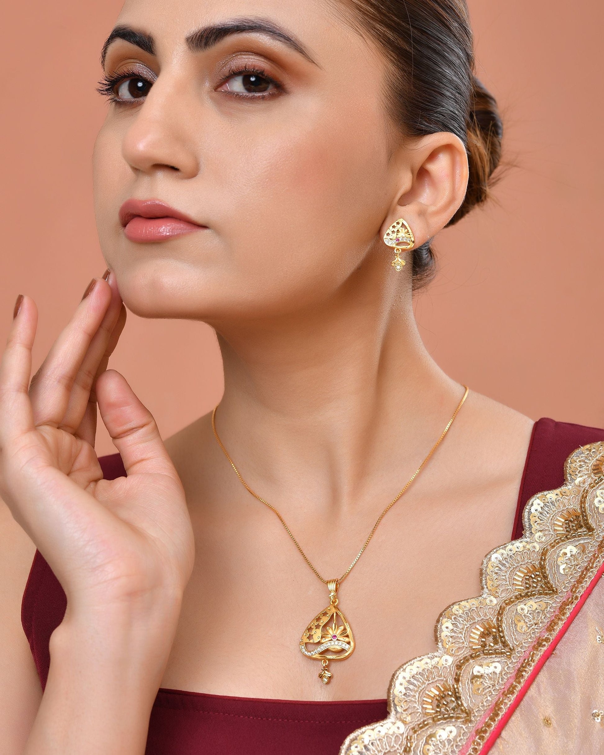 VOJ Gold Plated Floral Design Triangular Pendant With Chain And Earrings Set  Grab2Buy VOJ Grab2Buy