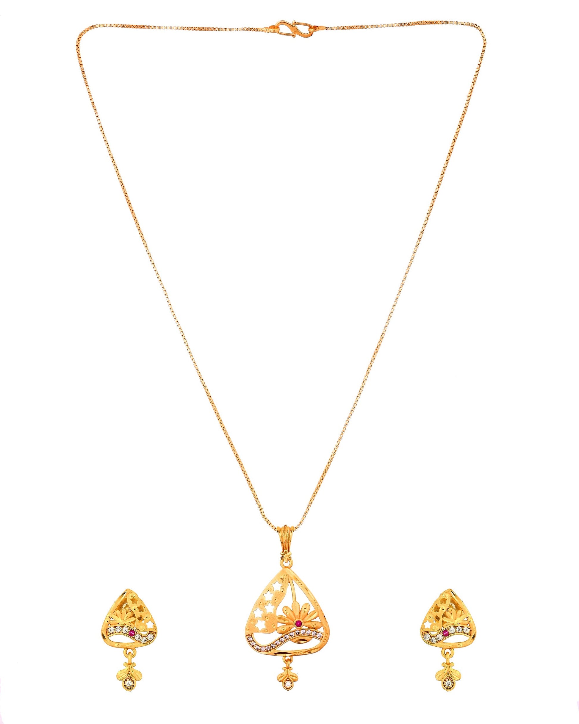 VOJ Gold Plated Floral Design Triangular Pendant With Chain And Earrings Set  Grab2Buy VOJ Grab2Buy