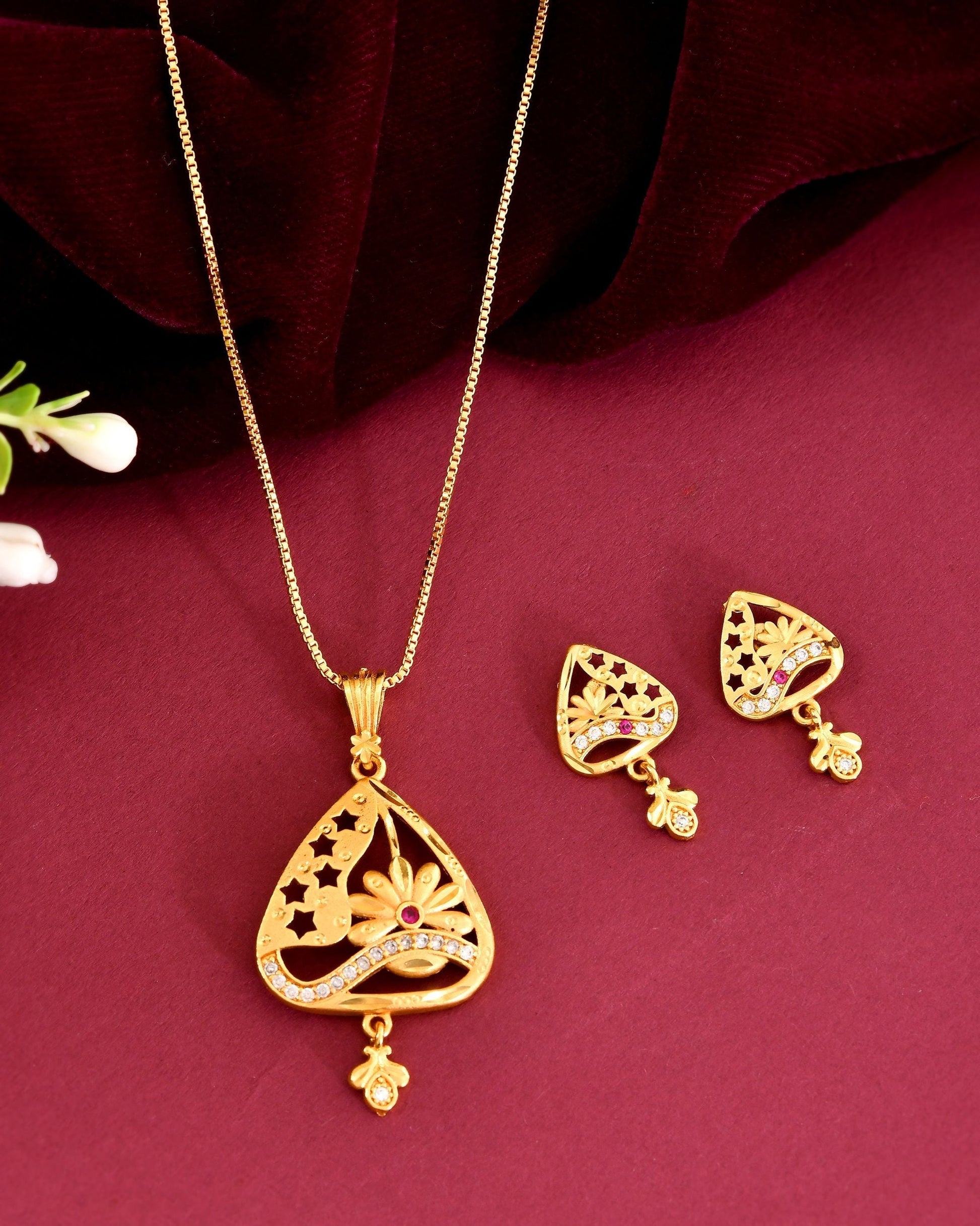 VOJ Gold Plated Floral Design Triangular Pendant With Chain And Earrings Set  Grab2Buy VOJ Grab2Buy