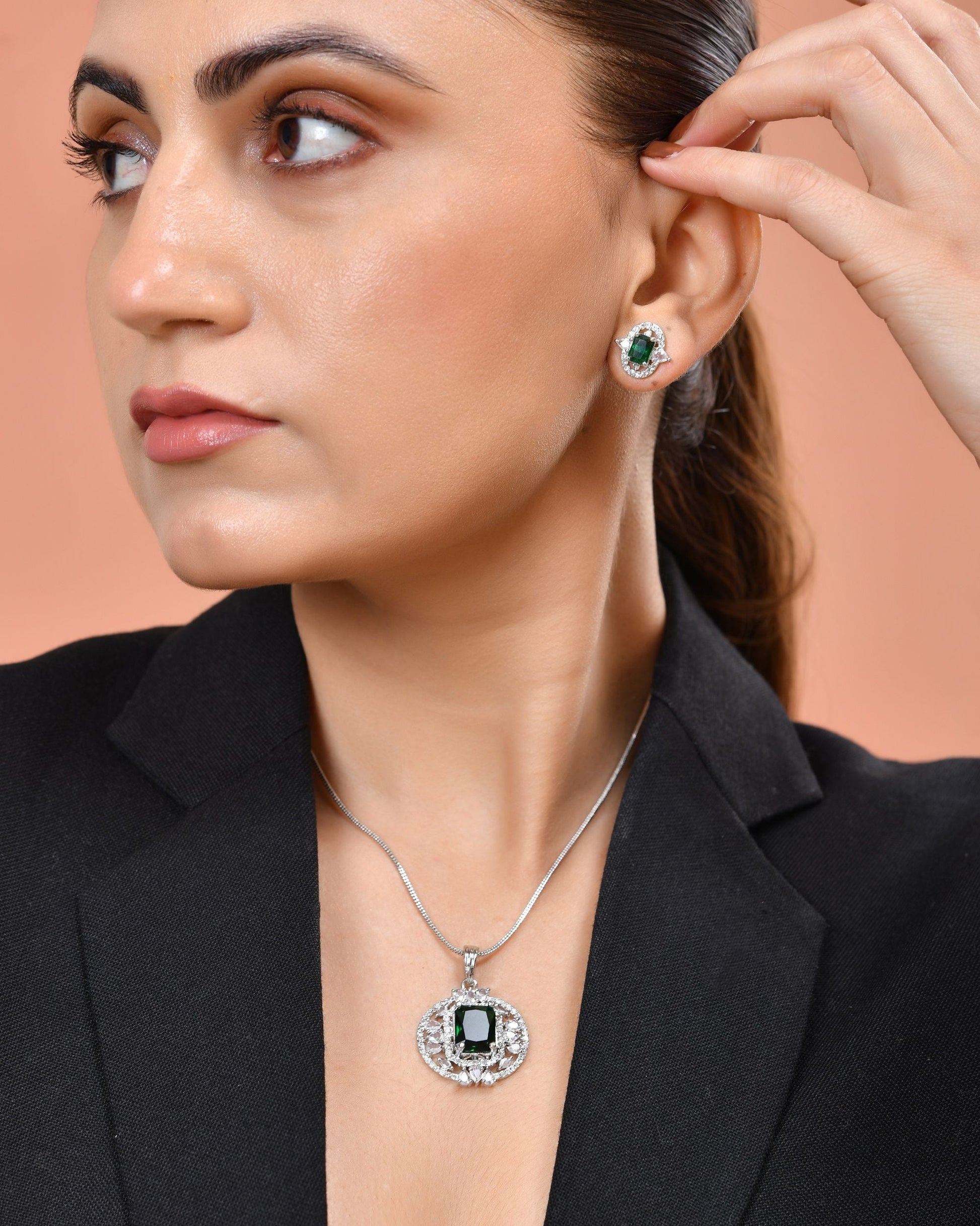 VOJ Silver Tone Blue Rectangular And Ad Stone Studded Chain Set  Grab2Buy VOJ Grab2Buy
