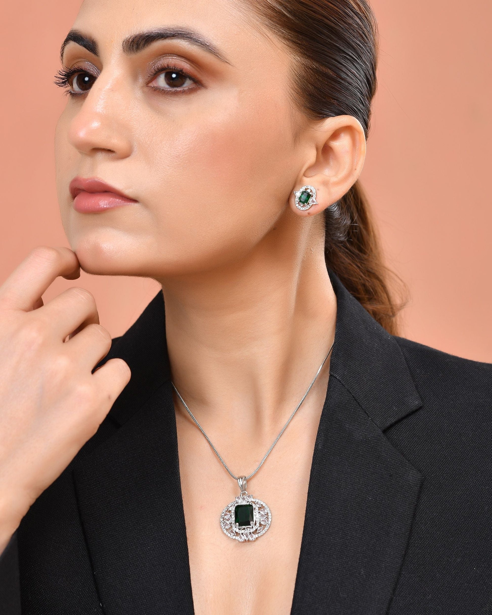 VOJ Silver Tone Blue Rectangular And Ad Stone Studded Chain Set  Grab2Buy VOJ Grab2Buy