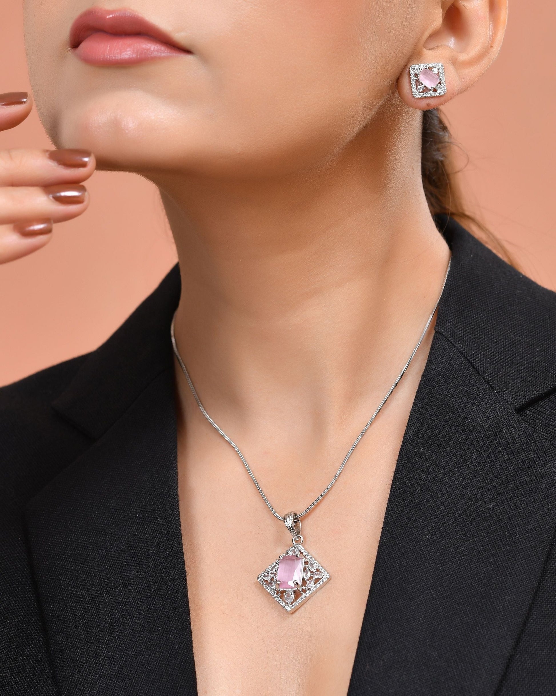 VOJ Silver Plated Baby Pink Rectangular Stone Square Pendant With Chain Set  Grab2Buy VOJ Grab2Buy