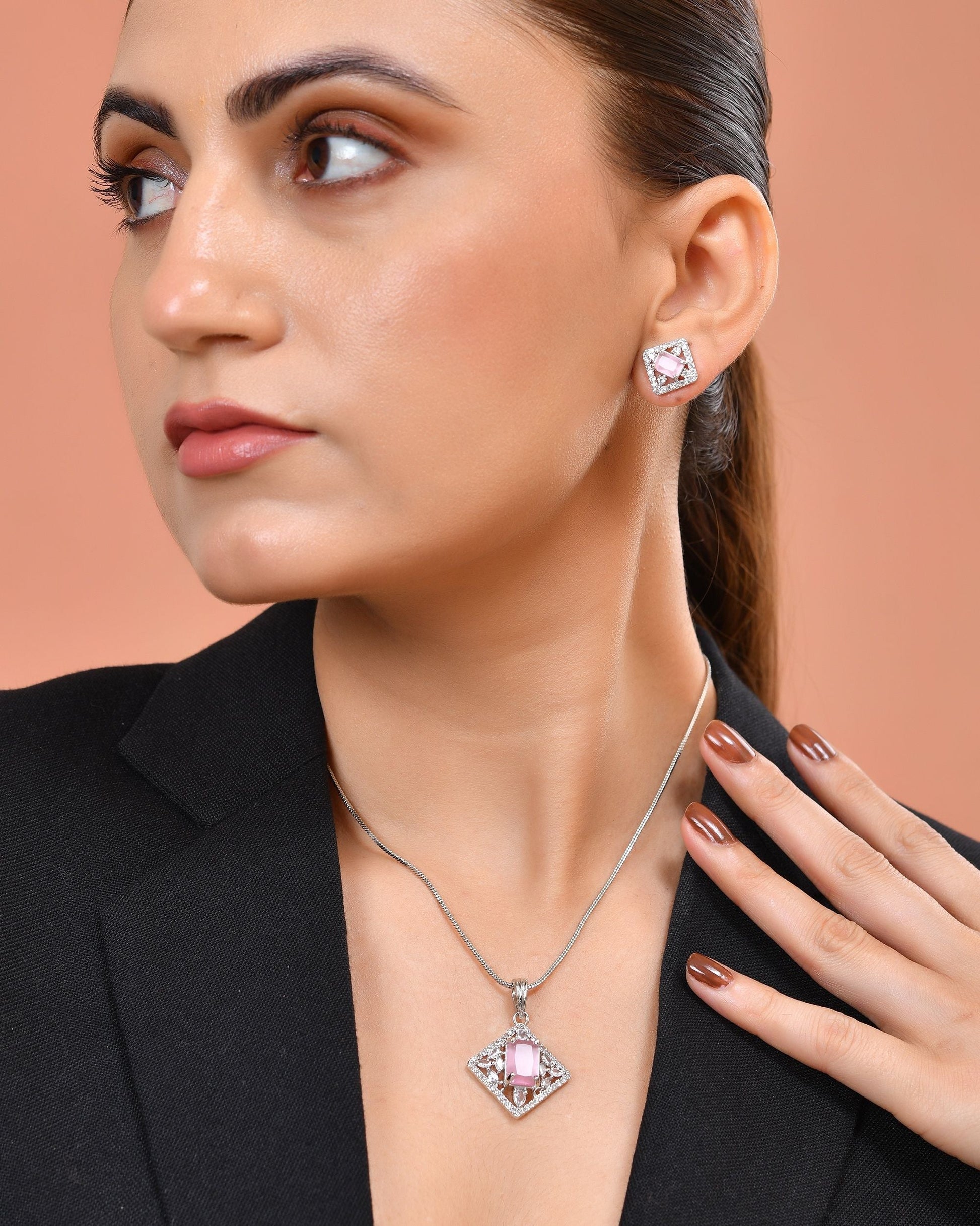 VOJ Silver Plated Baby Pink Rectangular Stone Square Pendant With Chain Set  Grab2Buy VOJ Grab2Buy