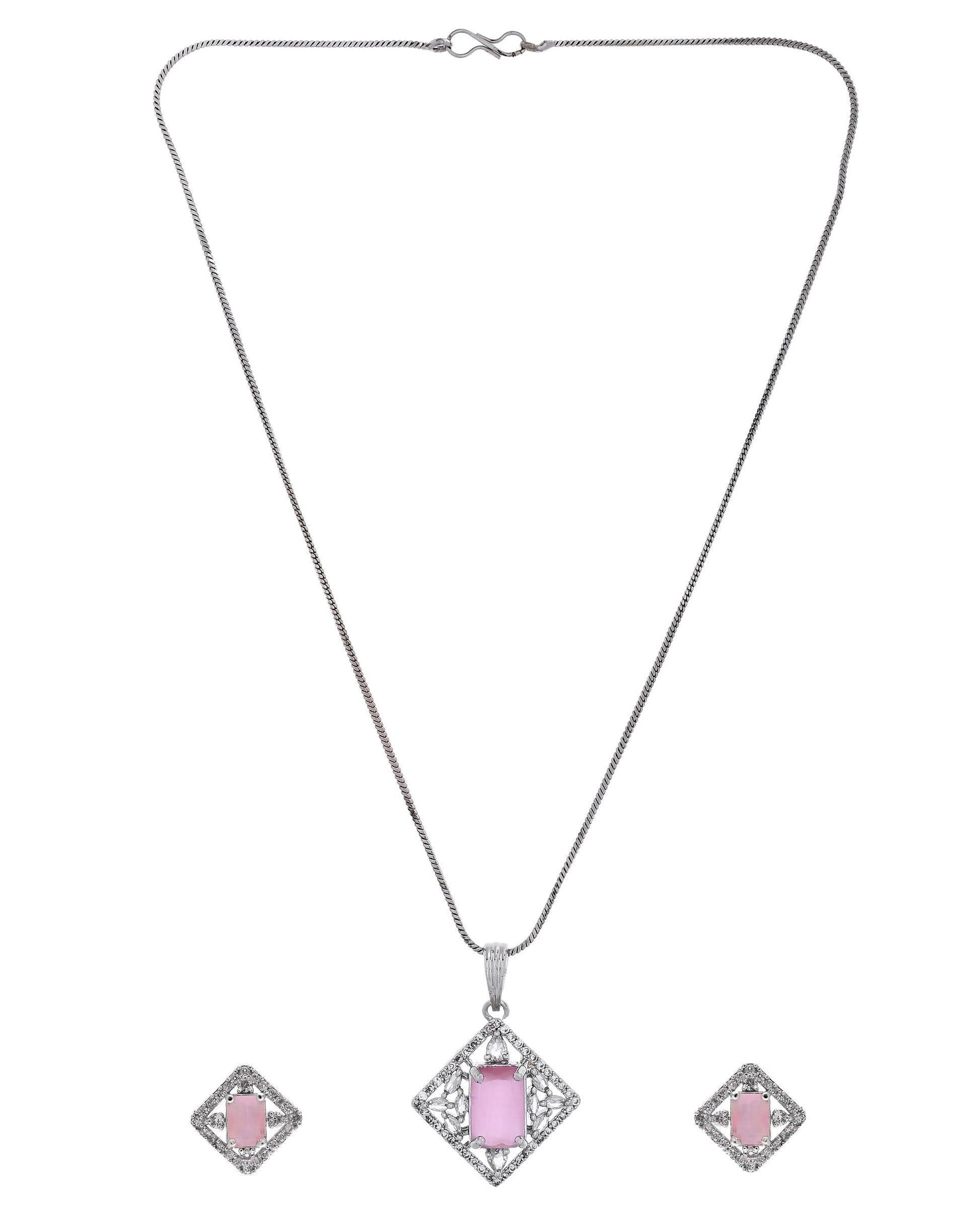 VOJ Silver Plated Baby Pink Rectangular Stone Square Pendant With Chain Set  Grab2Buy VOJ Grab2Buy
