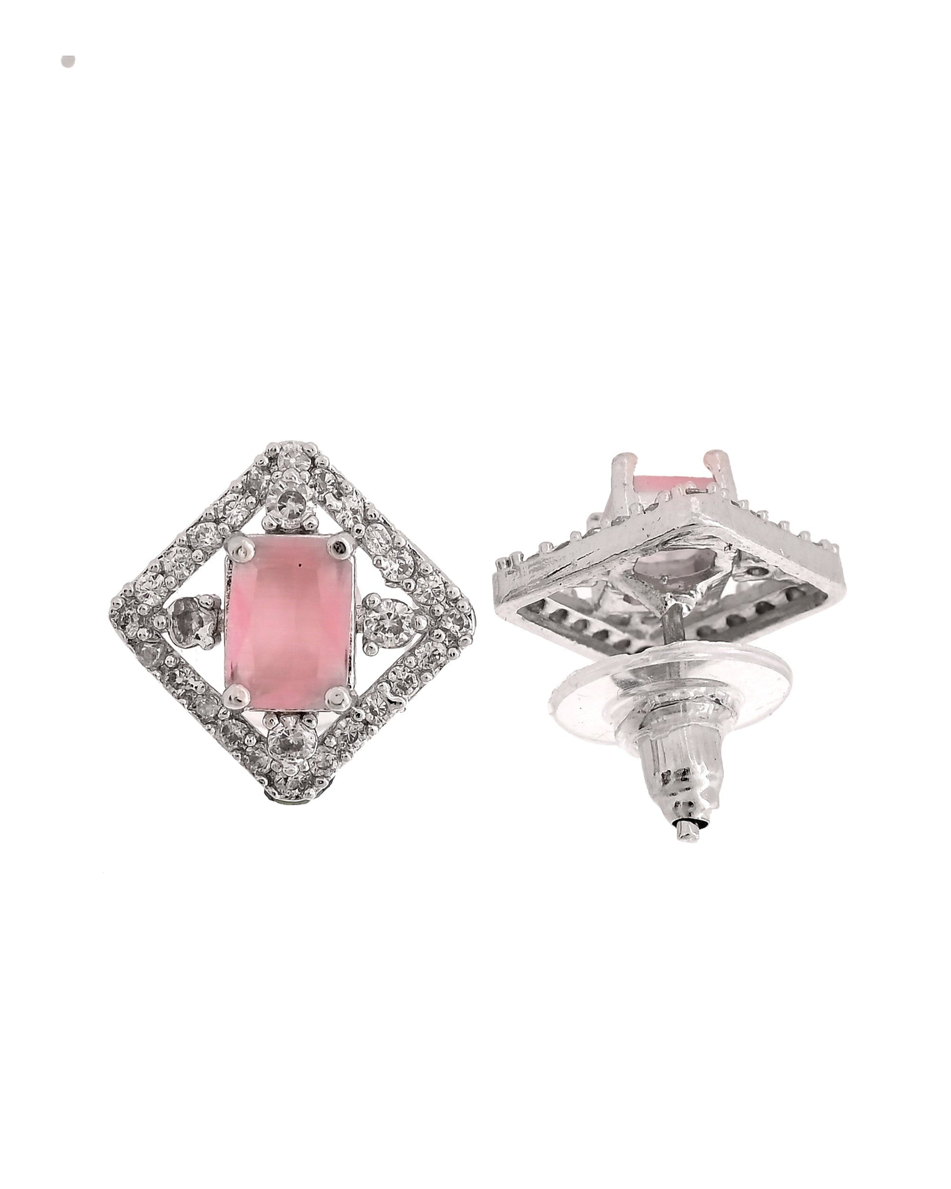VOJ Silver Plated Baby Pink Rectangular Stone Square Pendant With Chain Set  Grab2Buy VOJ Grab2Buy