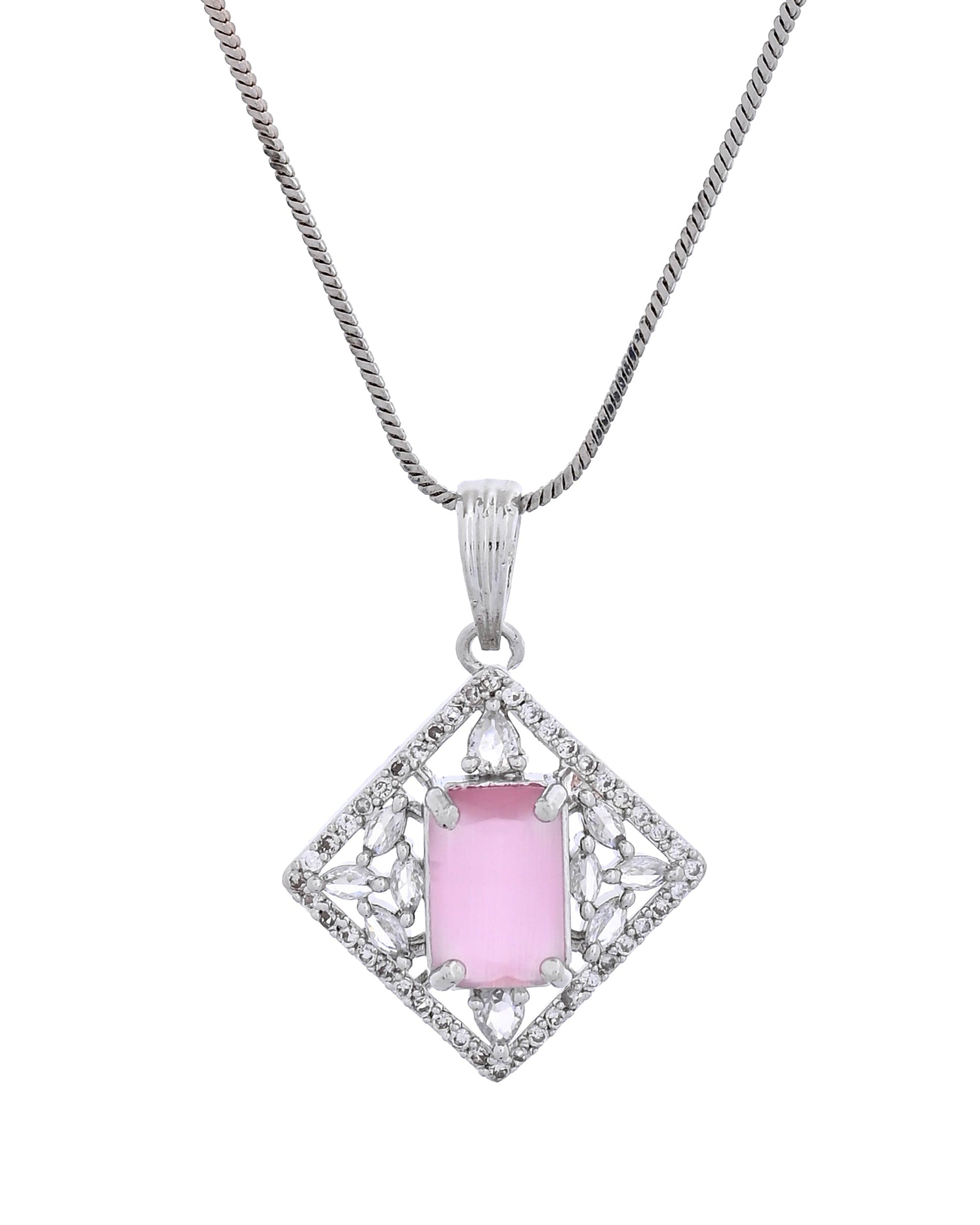 VOJ Silver Plated Baby Pink Rectangular Stone Square Pendant With Chain Set  Grab2Buy VOJ Grab2Buy