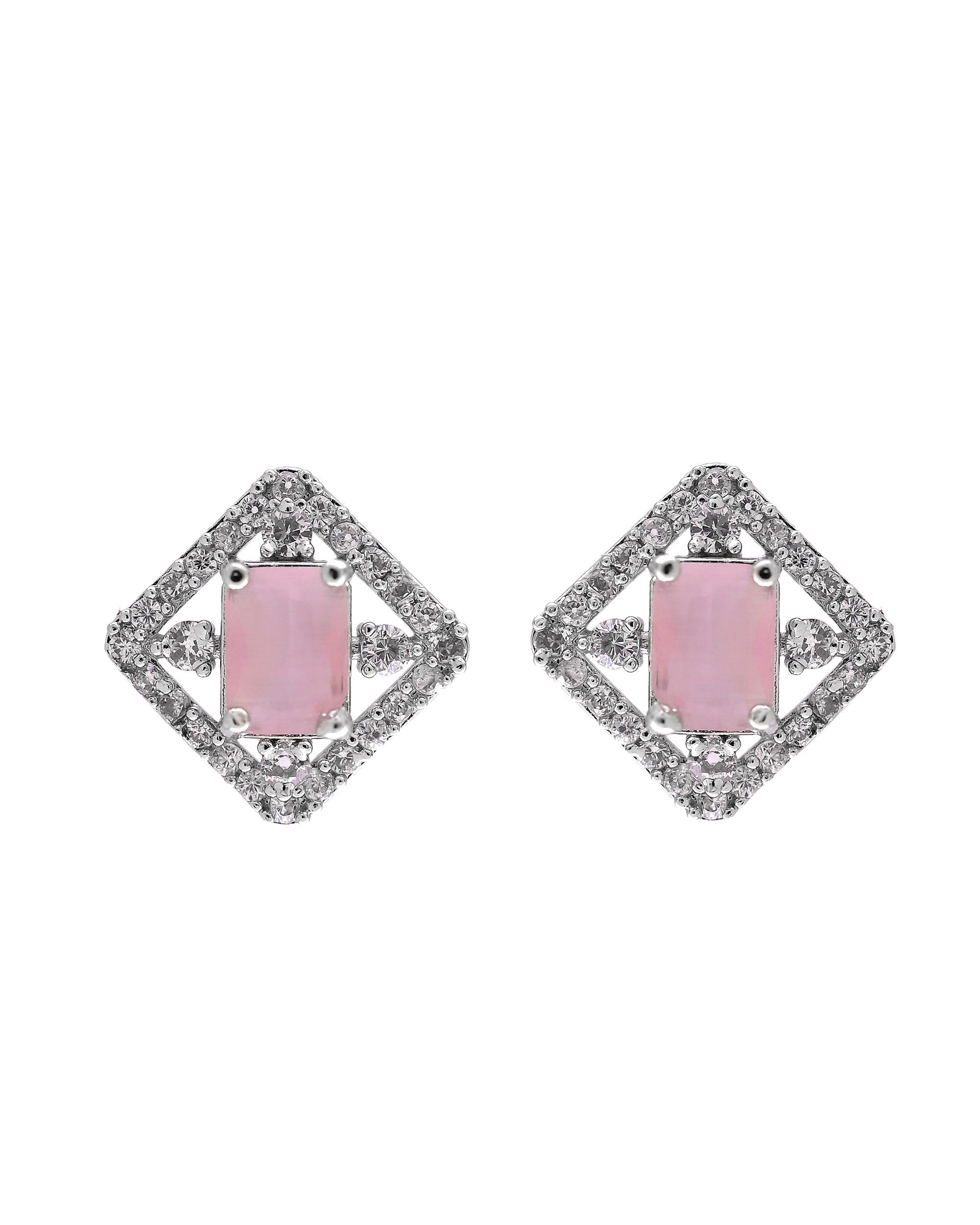 VOJ Silver Plated Baby Pink Rectangular Stone Square Pendant With Chain Set  Grab2Buy VOJ Grab2Buy