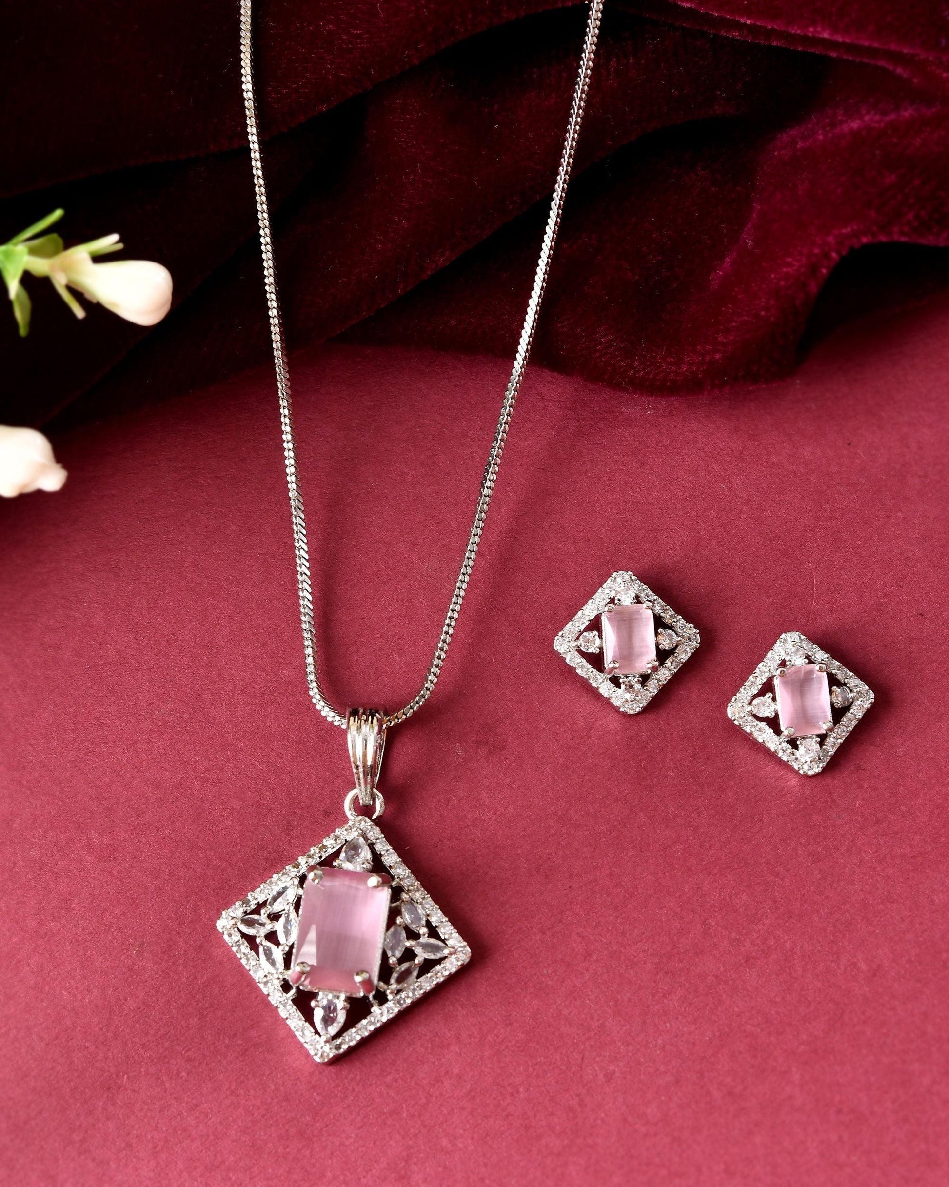 VOJ Silver Plated Baby Pink Rectangular Stone Square Pendant With Chain Set  Grab2Buy VOJ Grab2Buy