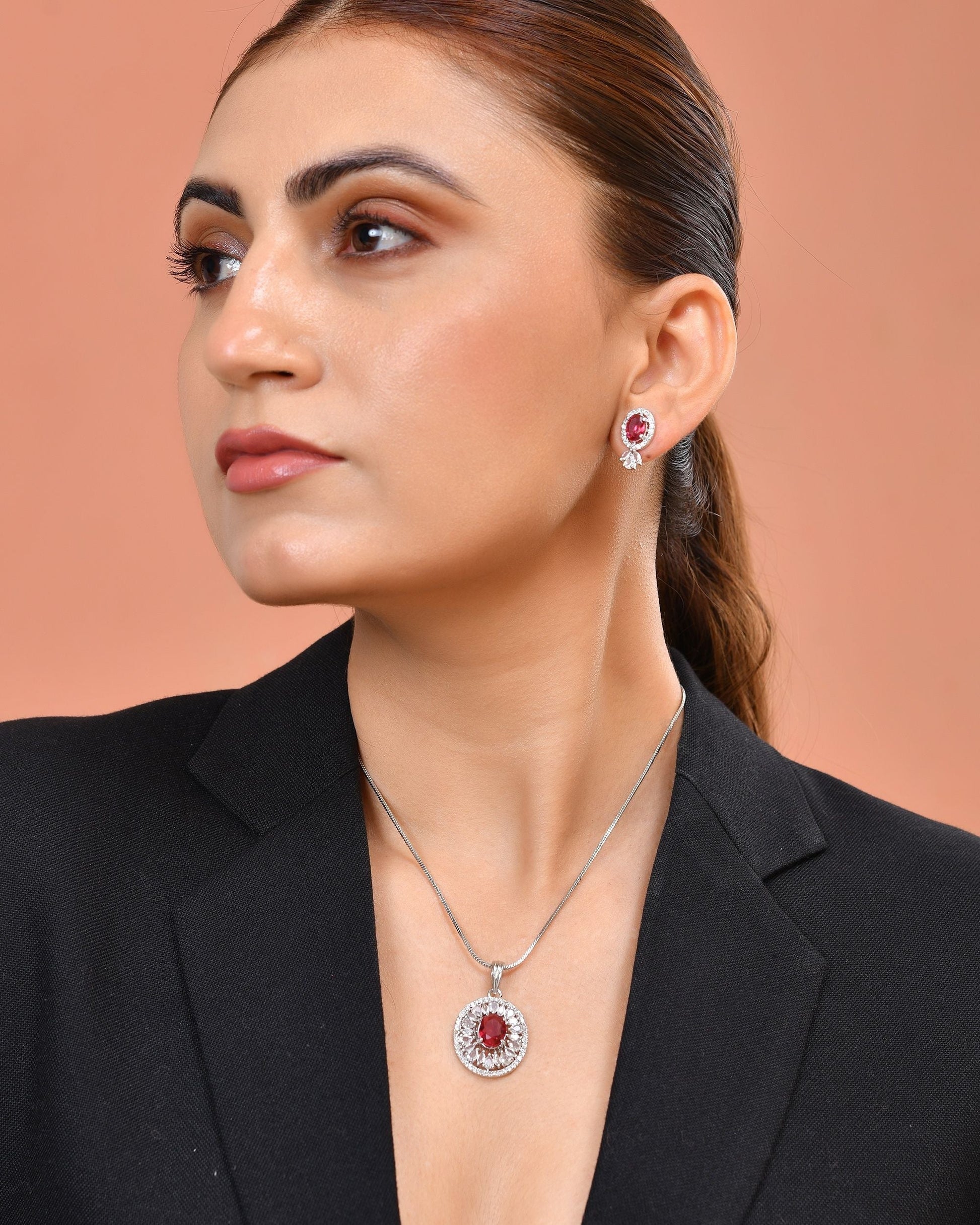 VOJ Silver Plated Ruby Red Circular Stone Studded Floral Ad Chain Set  Grab2Buy VOJ Grab2Buy