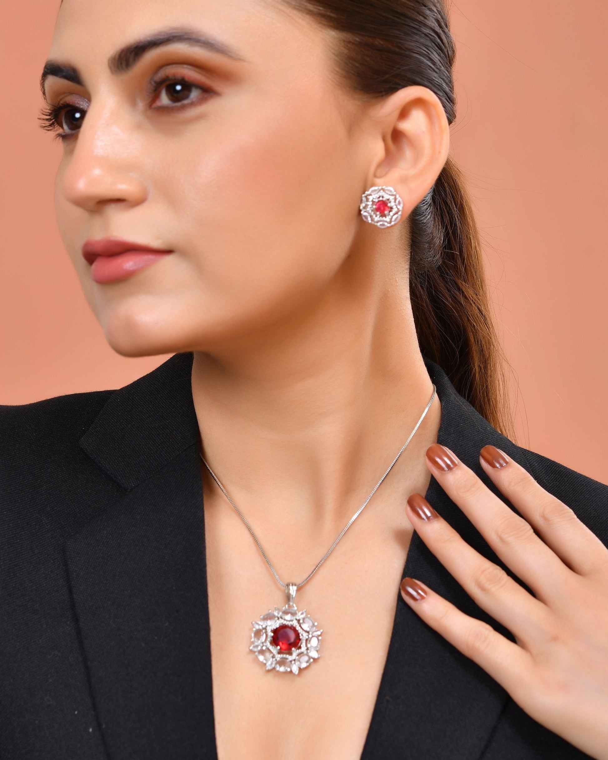 VOJ Silver Plated Ruby Red Circular Stone Studded Floral Ad Chain Set  Grab2Buy VOJ Grab2Buy