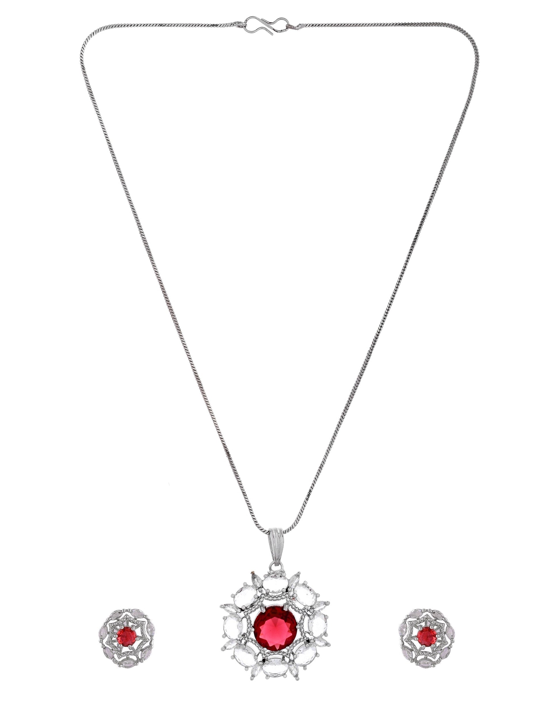 VOJ Silver Plated Ruby Red Circular Stone Studded Floral Ad Chain Set  Grab2Buy VOJ Grab2Buy