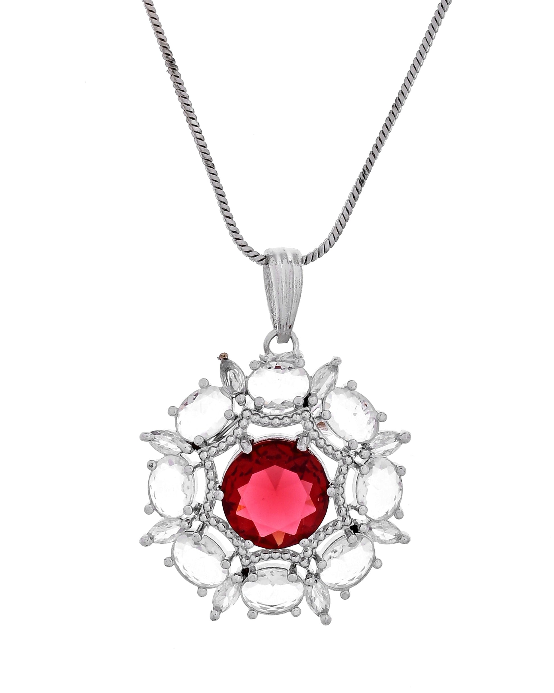 VOJ Silver Plated Ruby Red Circular Stone Studded Floral Ad Chain Set  Grab2Buy VOJ Grab2Buy