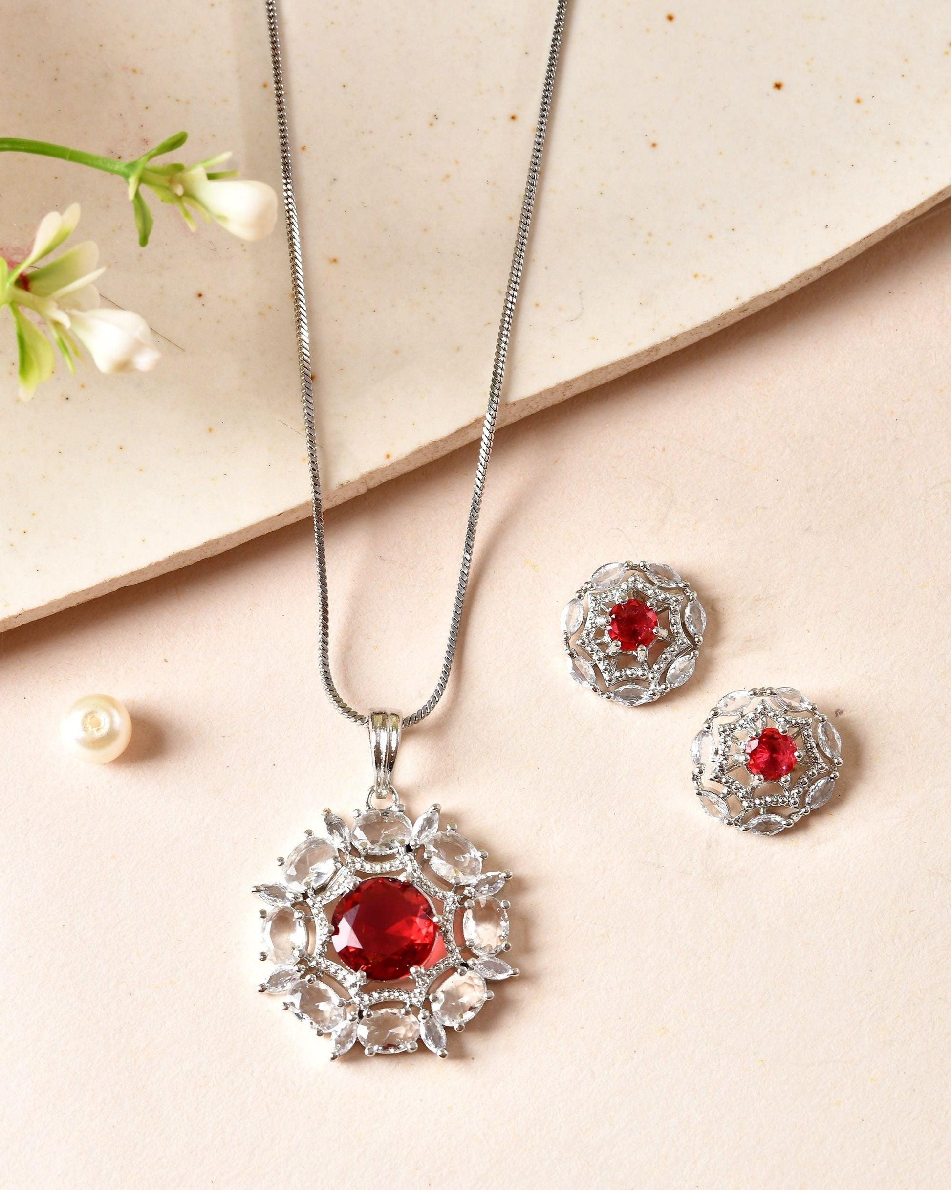 VOJ Silver Plated Ruby Red Circular Stone Studded Floral Ad Chain Set  Grab2Buy VOJ Grab2Buy