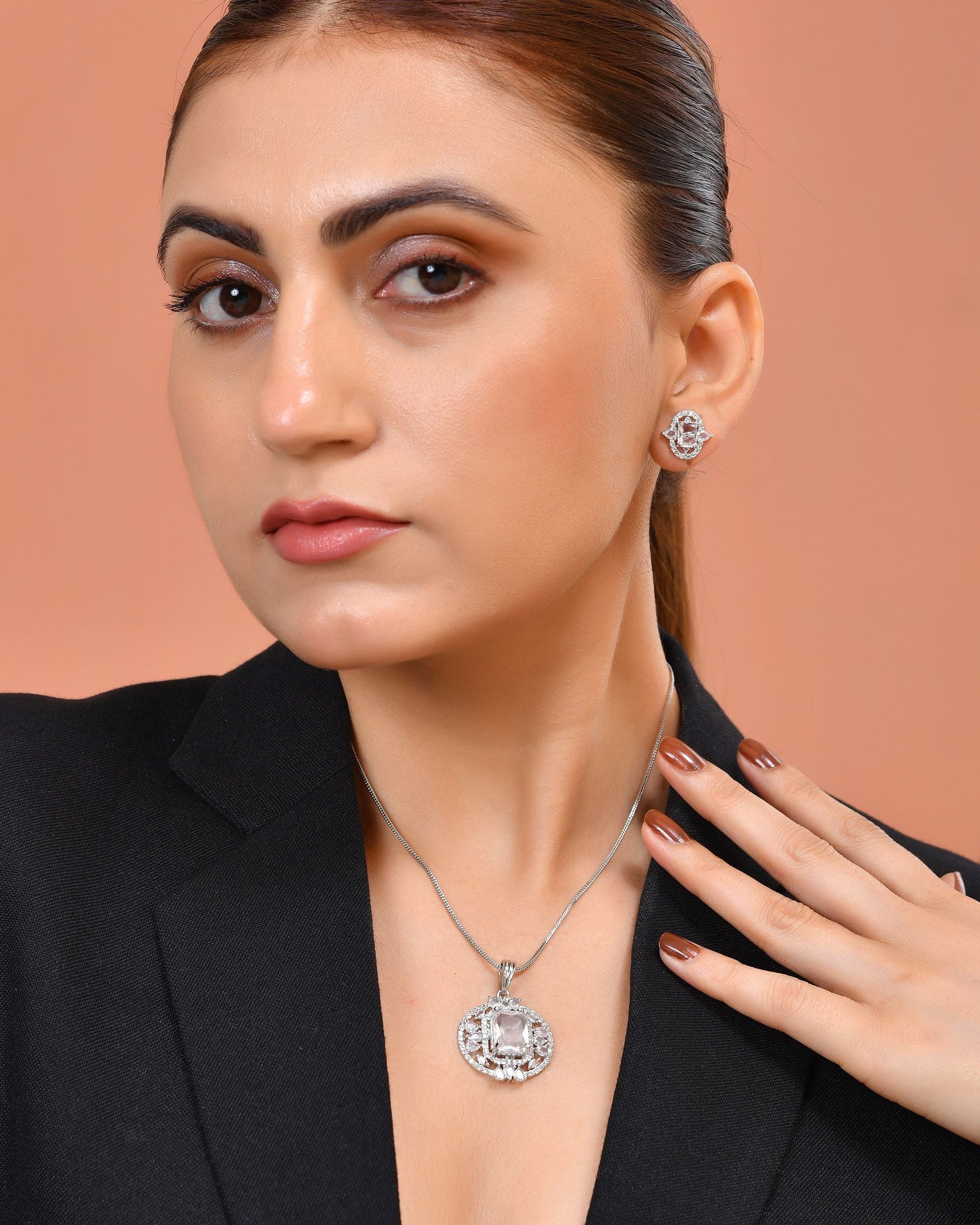 VOJ Silver Plated Rectangular Stone Studded Ad Chain Set  Grab2Buy VOJ Grab2Buy
