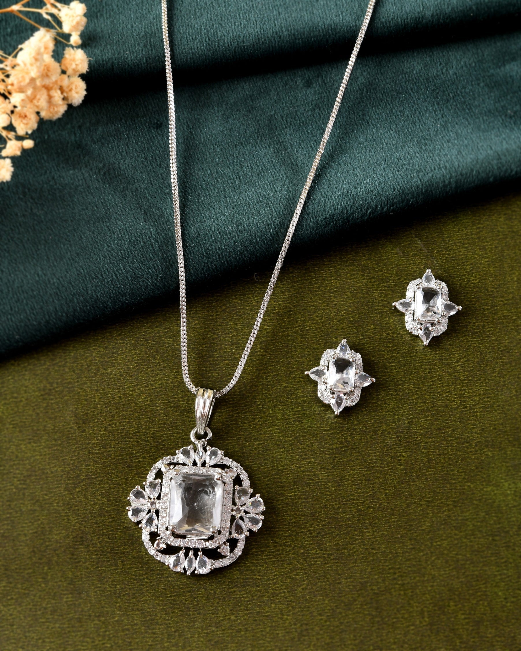 VOJ Silver Plated Rectangular Stone Studded Ad Chain Set  Grab2Buy VOJ Grab2Buy