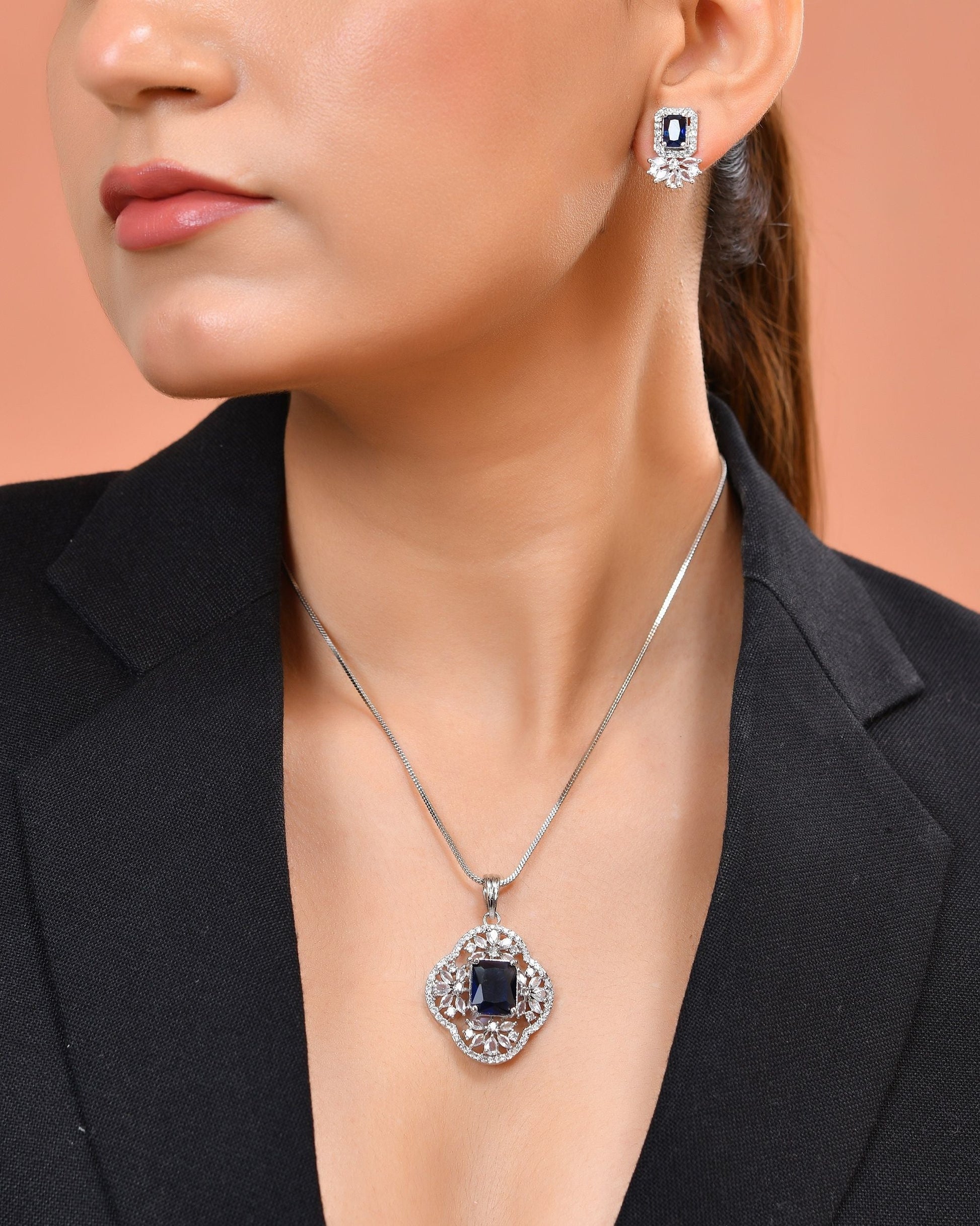 VOJ Silver Plated Blue Rectangular Stone Studded Ad Chain Set  Grab2Buy VOJ Grab2Buy