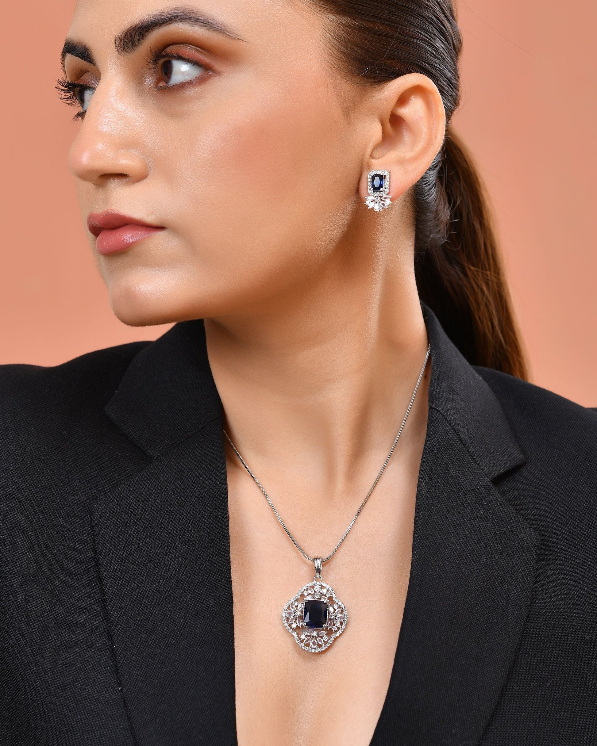 VOJ Silver Plated Blue Rectangular Stone Studded Ad Chain Set  Grab2Buy VOJ Grab2Buy