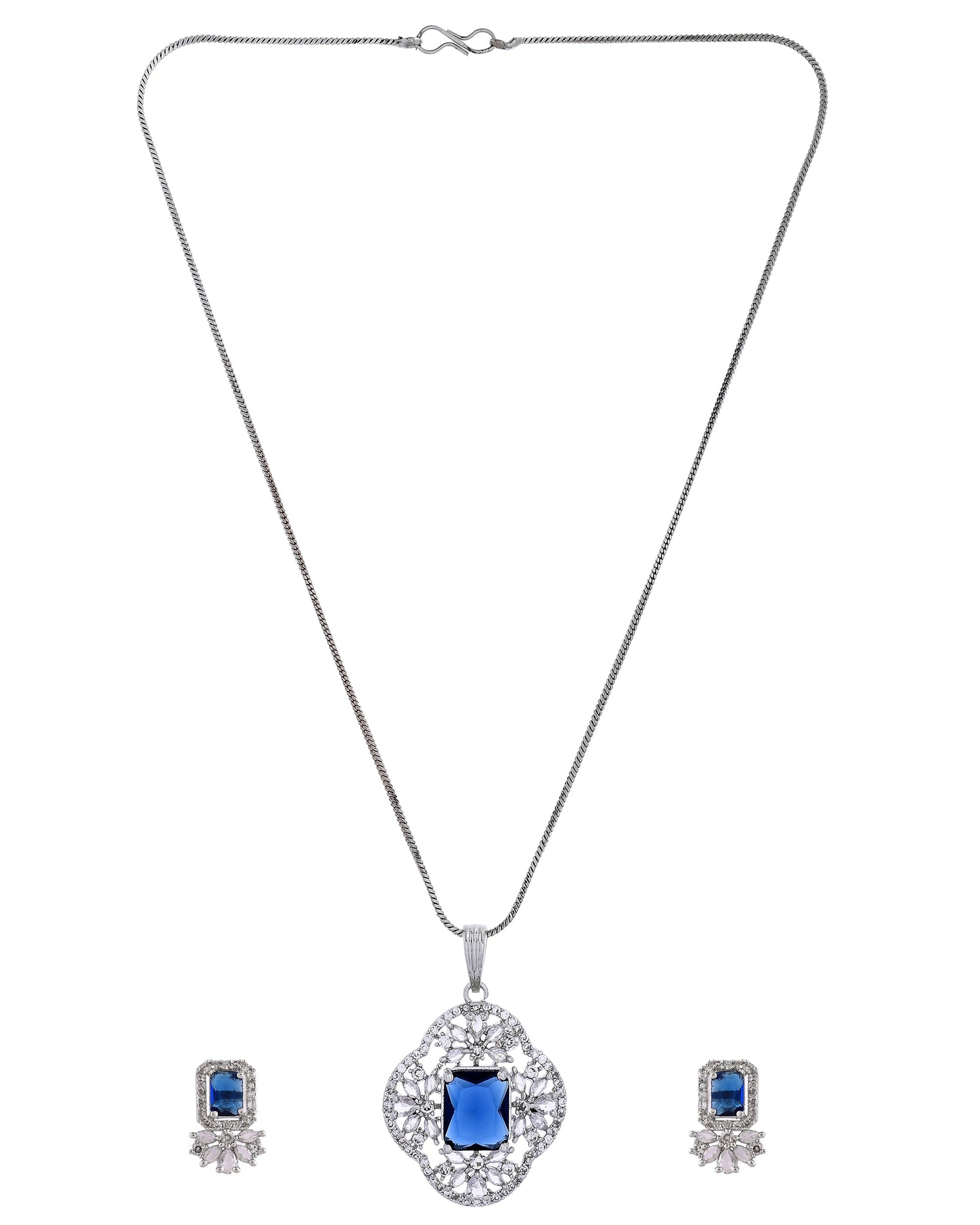 VOJ Silver Plated Blue Rectangular Stone Studded Ad Chain Set  Grab2Buy VOJ Grab2Buy