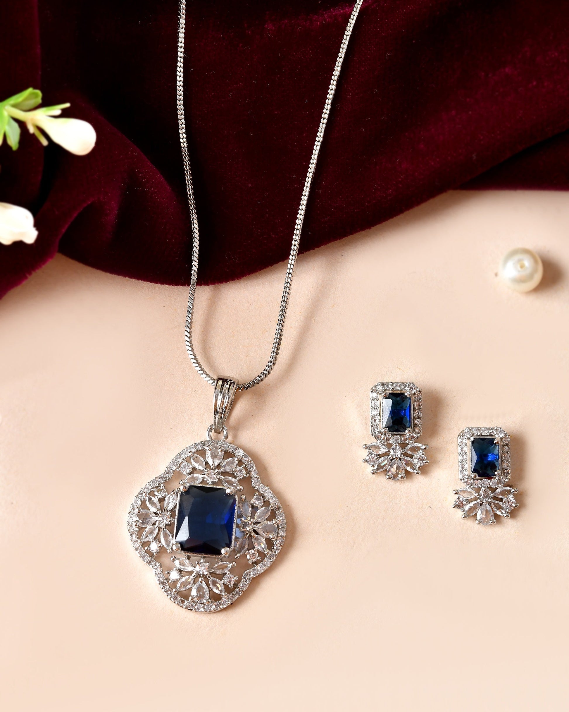 VOJ Silver Plated Blue Rectangular Stone Studded Ad Chain Set  Grab2Buy VOJ Grab2Buy