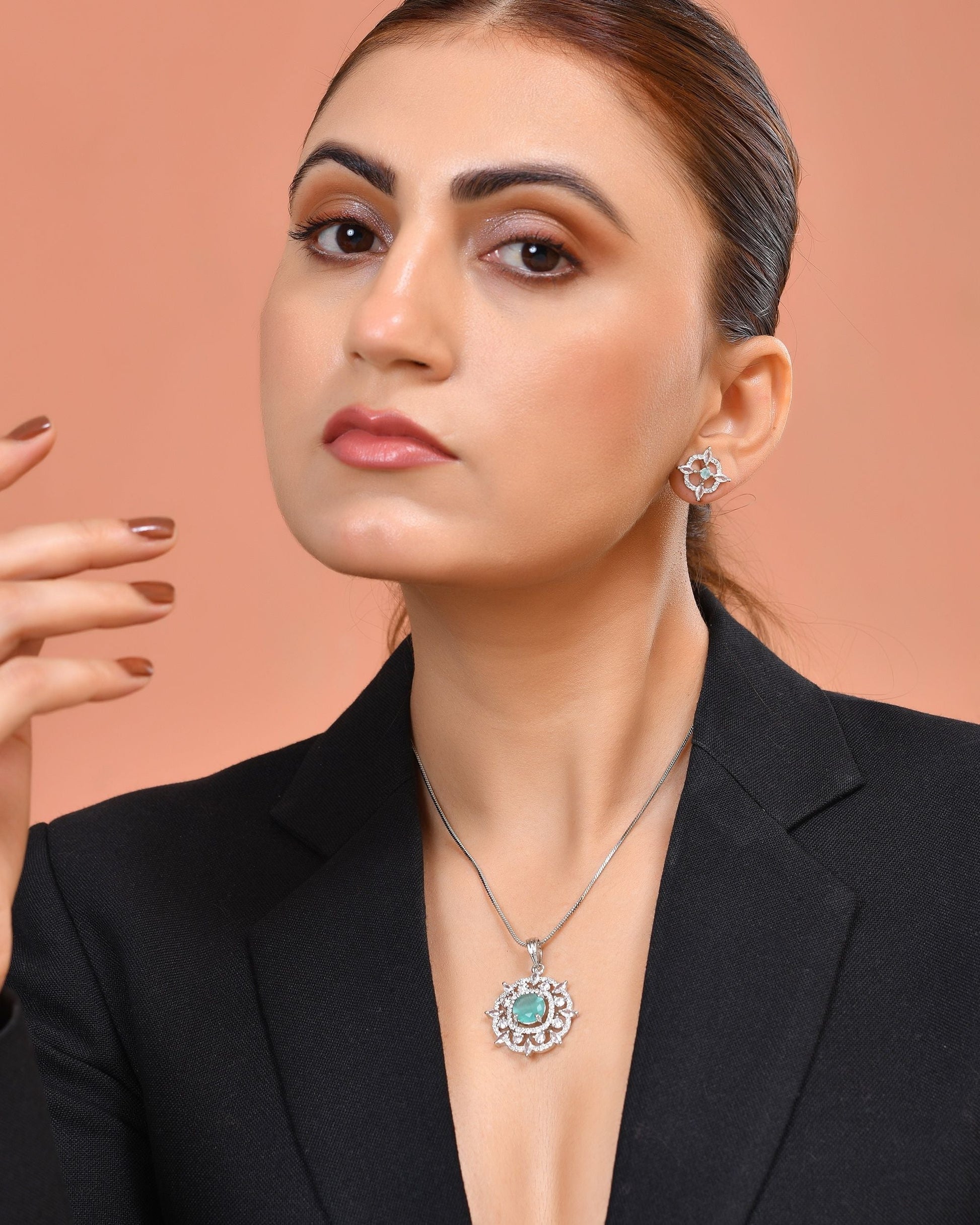VOJ Silver Plated Sea Green Circulare Stone Studded Sun Shaped Ad Pendant With Chain Set  Grab2Buy VOJ Grab2Buy