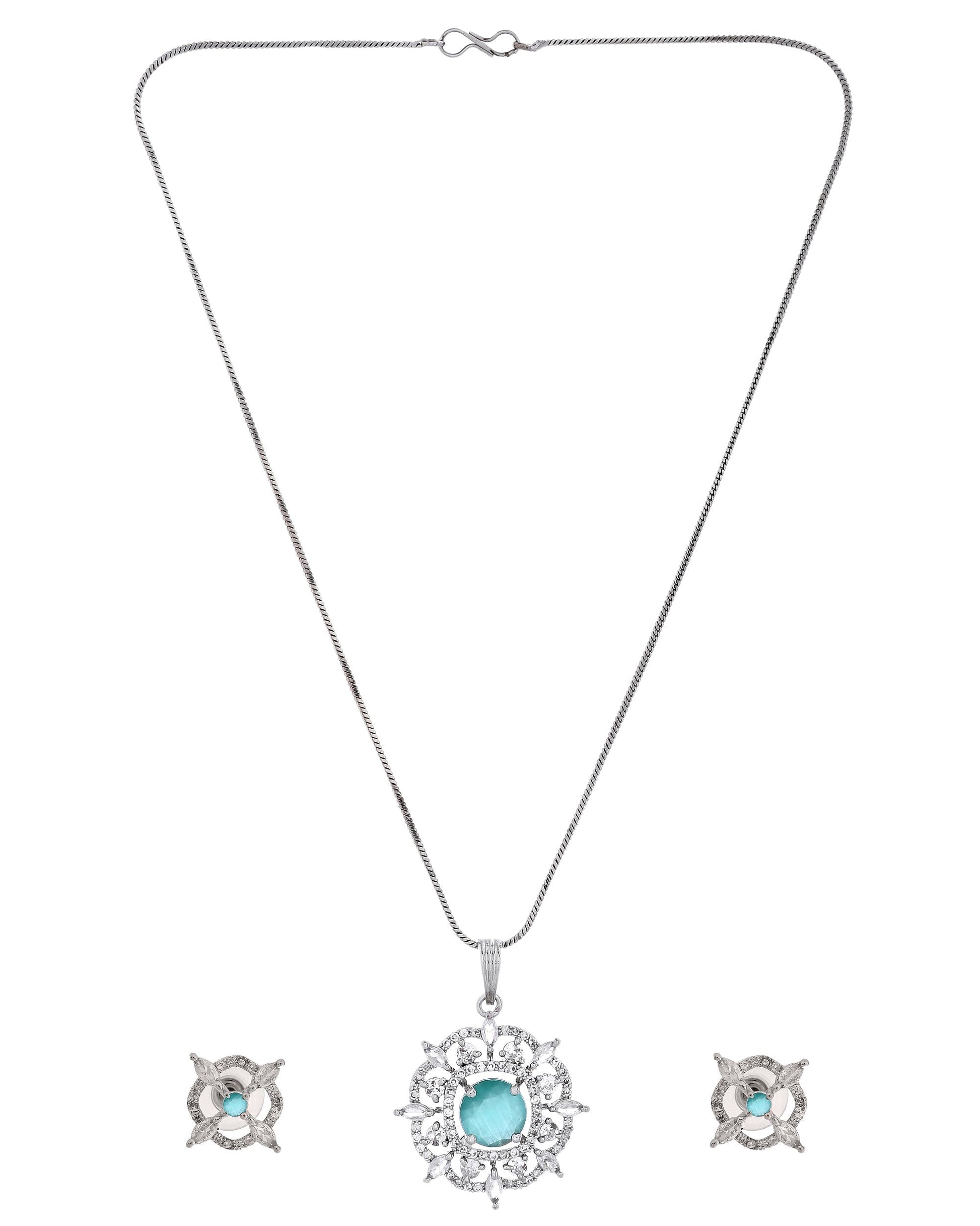 VOJ Silver Plated Sea Green Circulare Stone Studded Sun Shaped Ad Pendant With Chain Set  Grab2Buy VOJ Grab2Buy