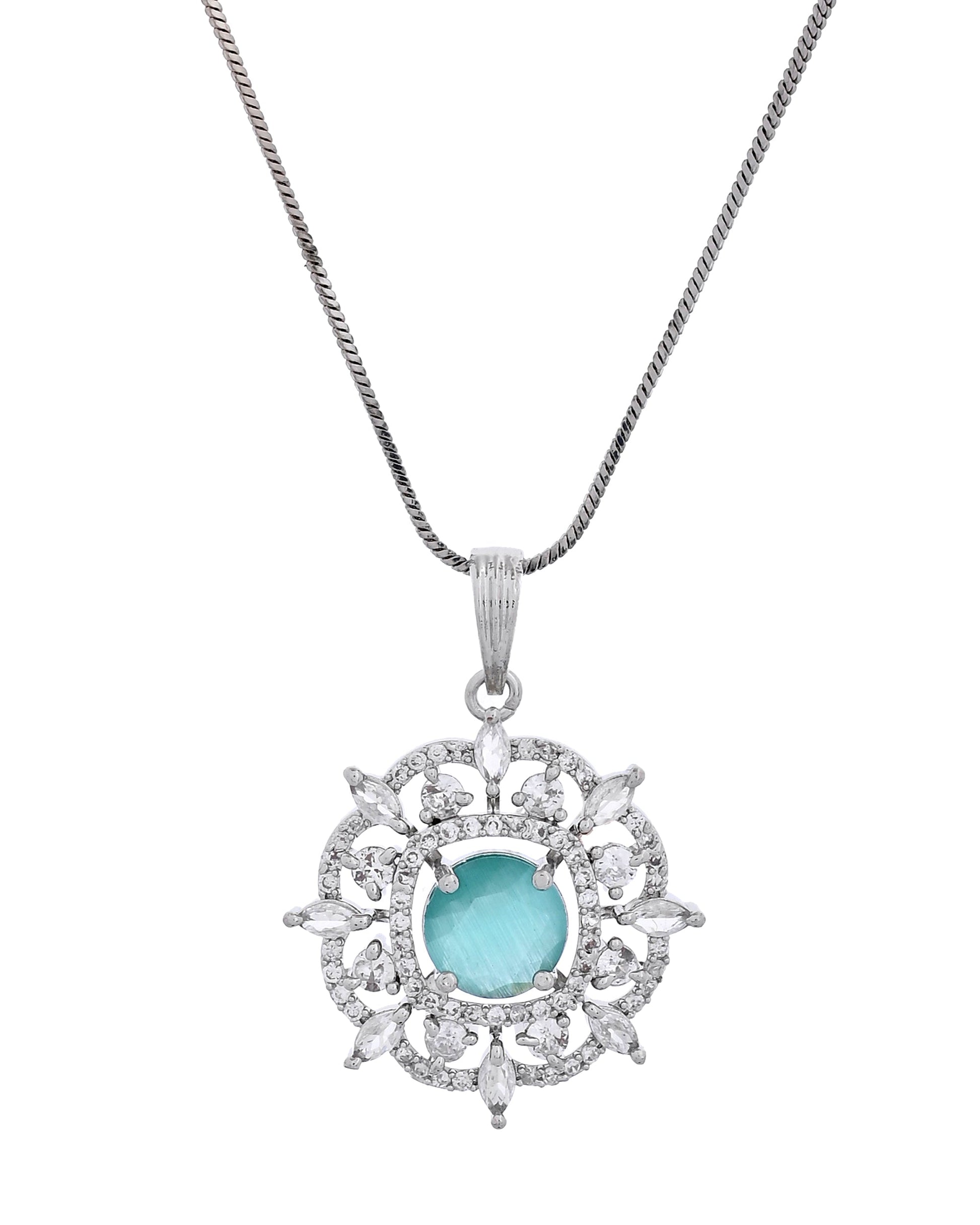 VOJ Silver Plated Sea Green Circulare Stone Studded Sun Shaped Ad Pendant With Chain Set  Grab2Buy VOJ Grab2Buy