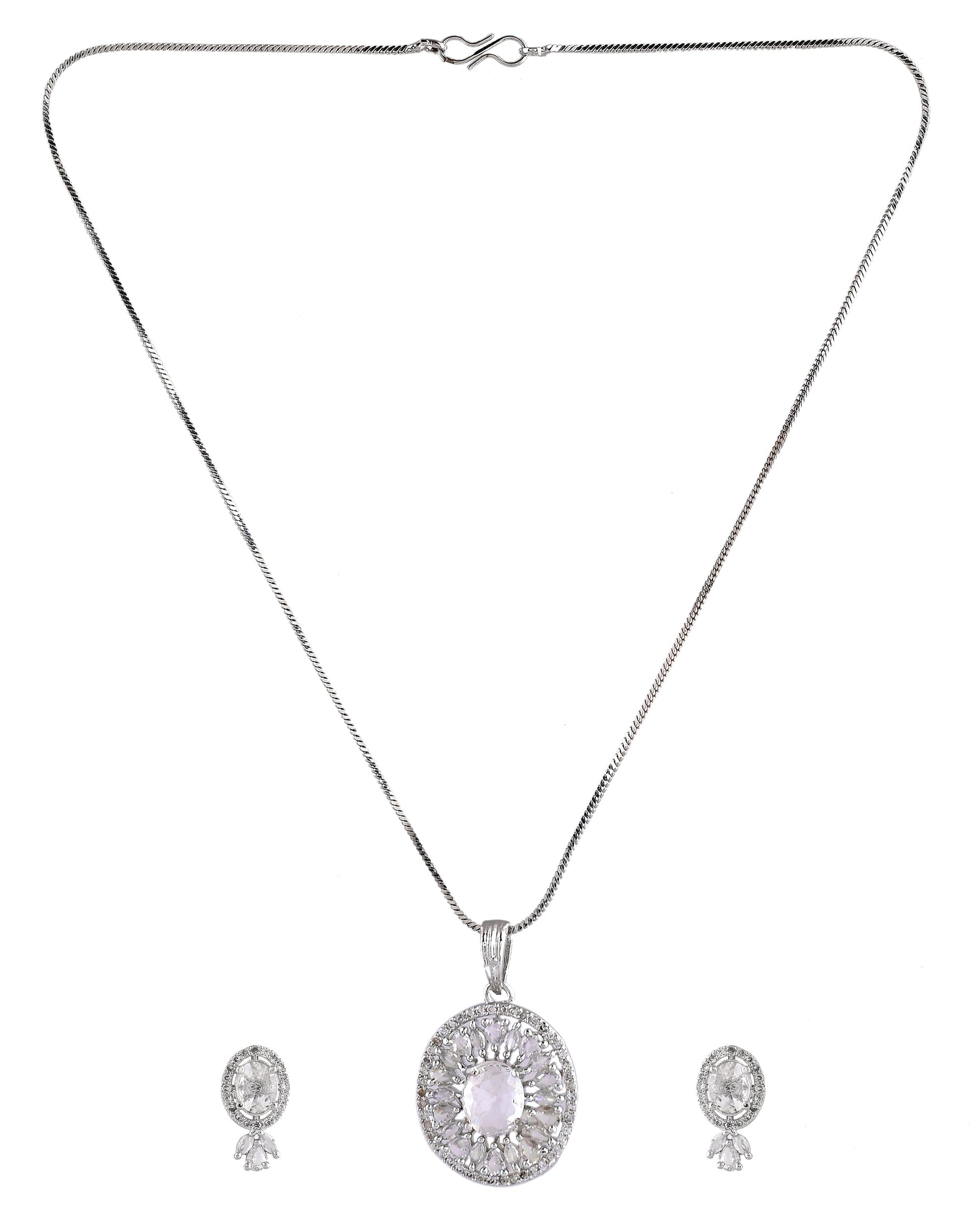 VOJ Silver Plated Oval Shaped Ad Stone Studded Chain Set  Grab2Buy VOJ Grab2Buy