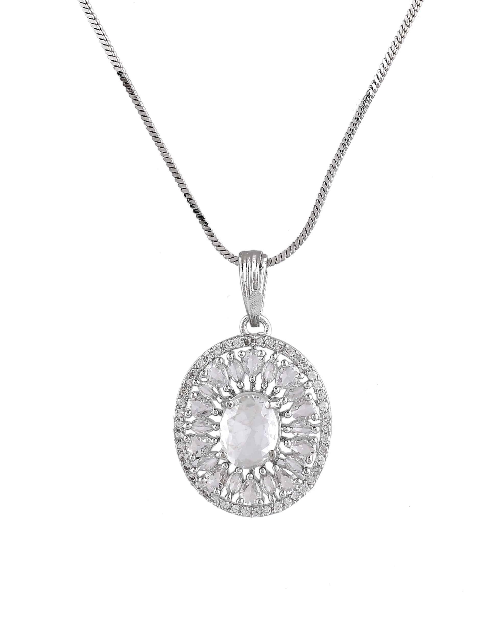 VOJ Silver Plated Oval Shaped Ad Stone Studded Chain Set  Grab2Buy VOJ Grab2Buy