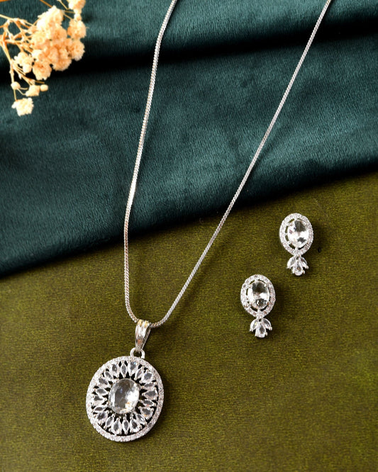VOJ Silver Plated Oval Shaped Ad Stone Studded Chain Set  Grab2Buy VOJ Grab2Buy