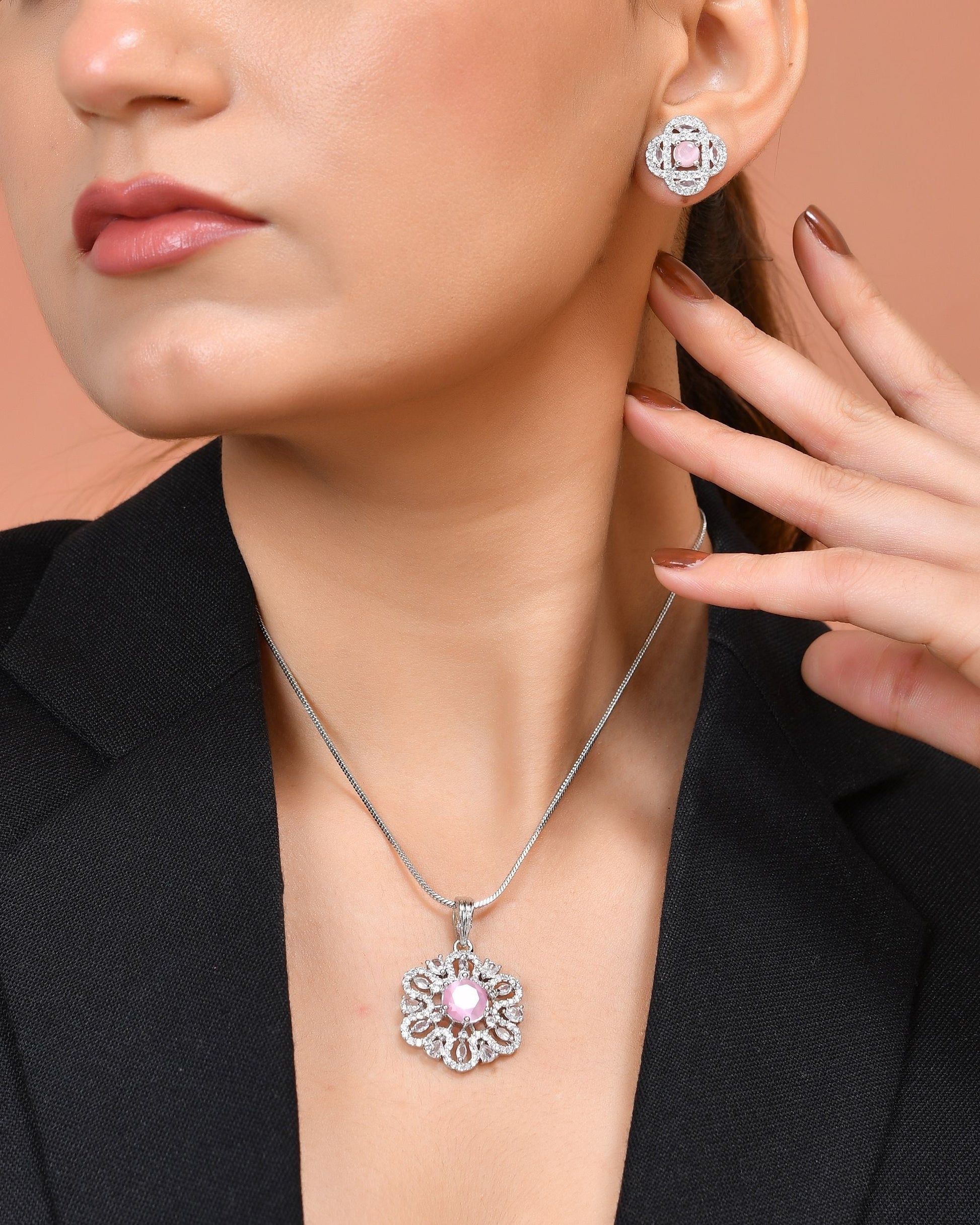 VOJ Silver Plated Floral Shaped Baby Pink Circular Ad Chain Set  Grab2Buy VOJ Grab2Buy