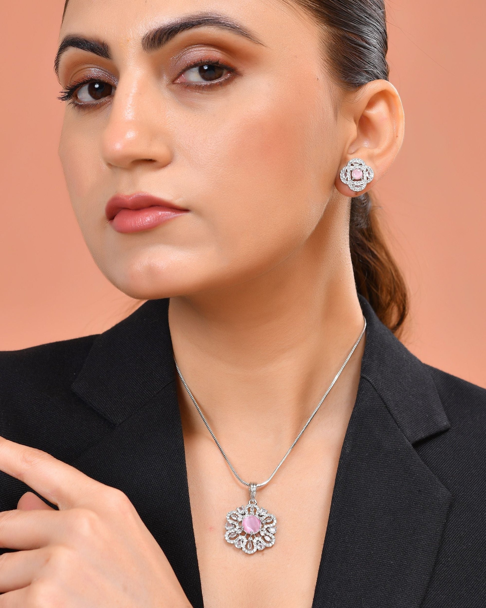 VOJ Silver Plated Floral Shaped Baby Pink Circular Ad Chain Set  Grab2Buy VOJ Grab2Buy