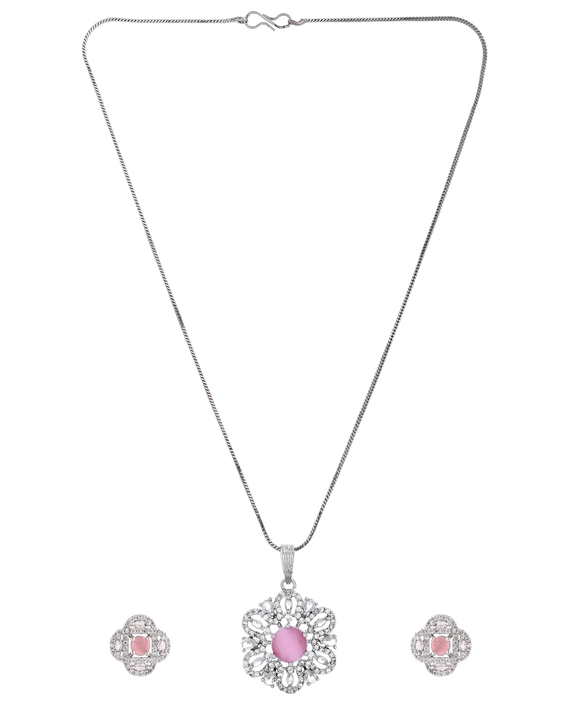 VOJ Silver Plated Floral Shaped Baby Pink Circular Ad Chain Set  Grab2Buy VOJ Grab2Buy