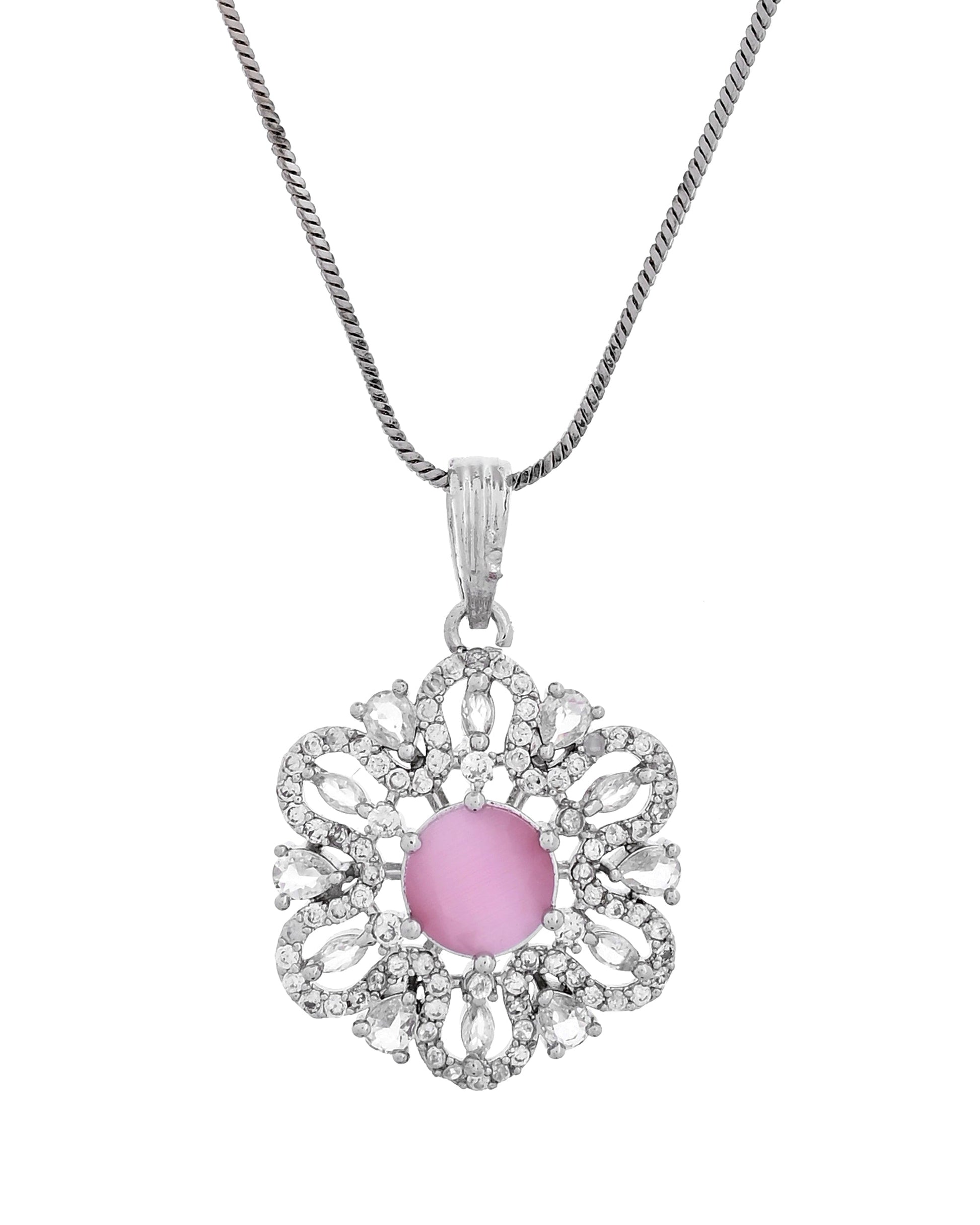 VOJ Silver Plated Floral Shaped Baby Pink Circular Ad Chain Set  Grab2Buy VOJ Grab2Buy