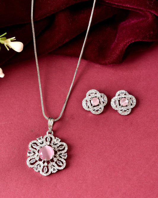VOJ Silver Plated Floral Shaped Baby Pink Circular Ad Chain Set  Grab2Buy VOJ Grab2Buy