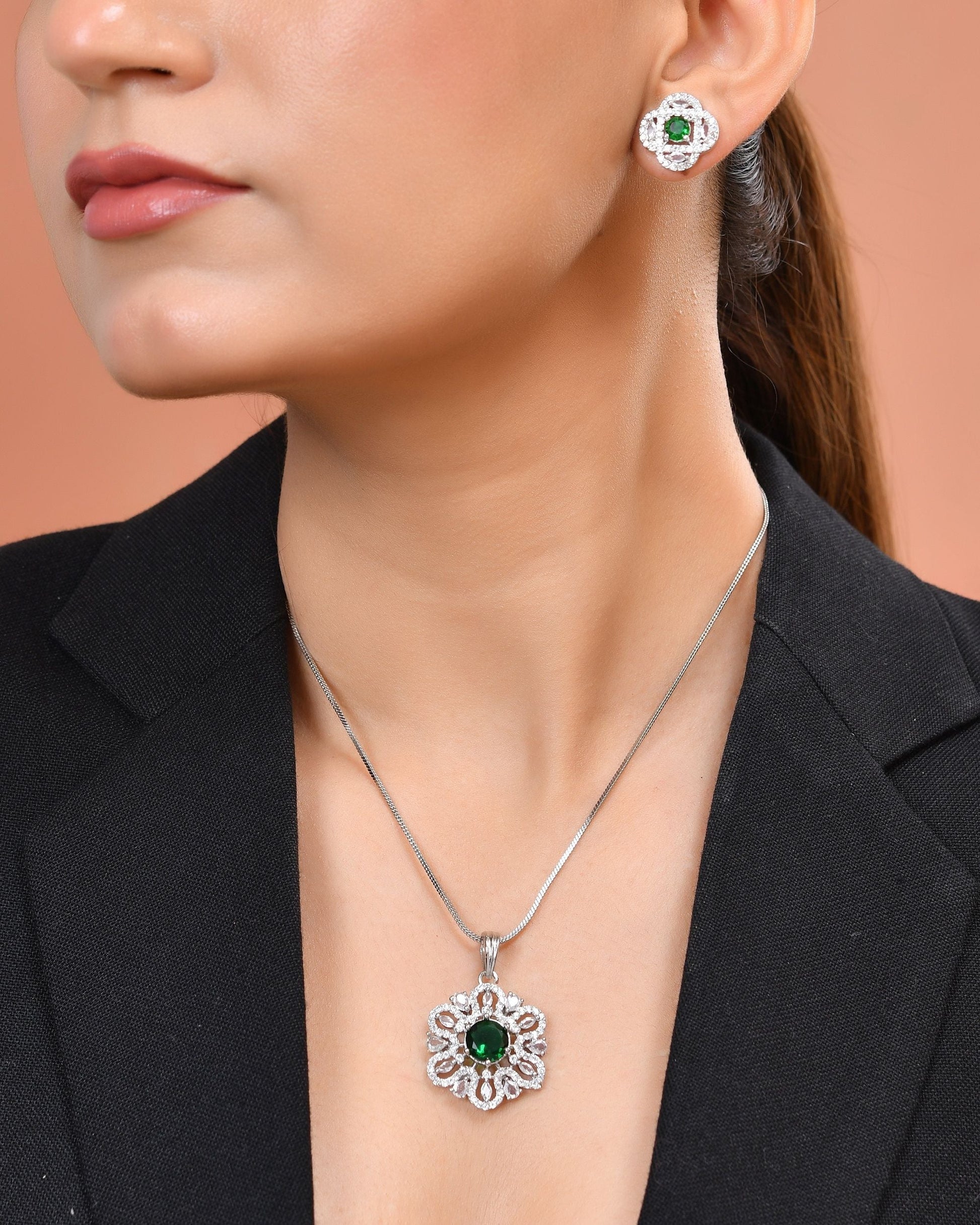 VOJ Silver Plated Floral Shaped Green Circular Ad Chain Set  Grab2Buy VOJ Grab2Buy
