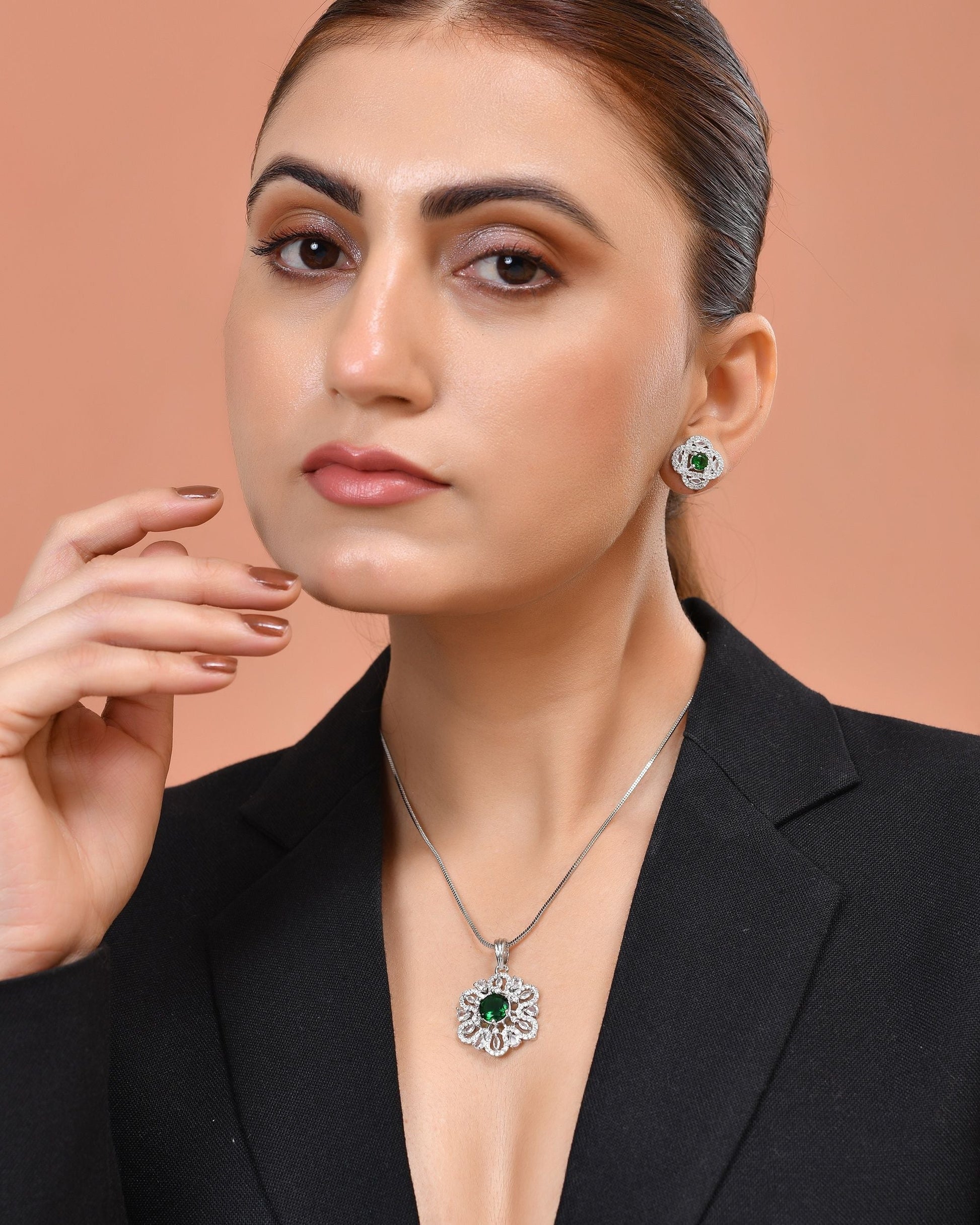 VOJ Silver Plated Floral Shaped Green Circular Ad Chain Set  Grab2Buy VOJ Grab2Buy