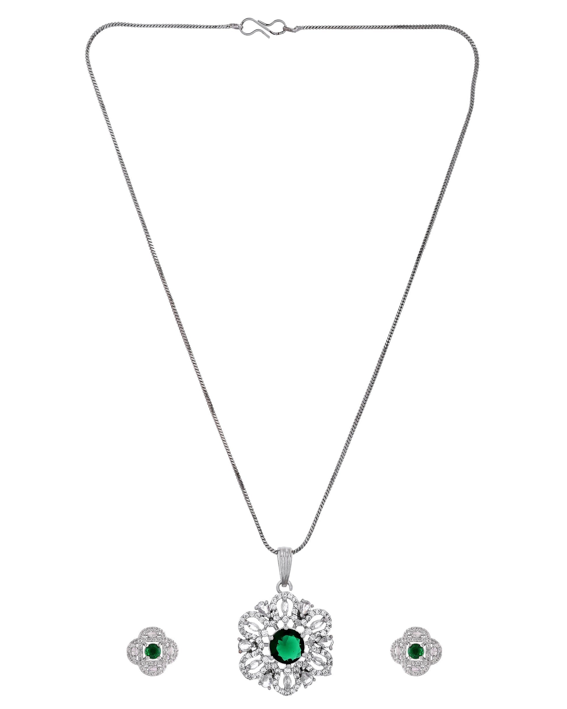 VOJ Silver Plated Floral Shaped Green Circular Ad Chain Set  Grab2Buy VOJ Grab2Buy