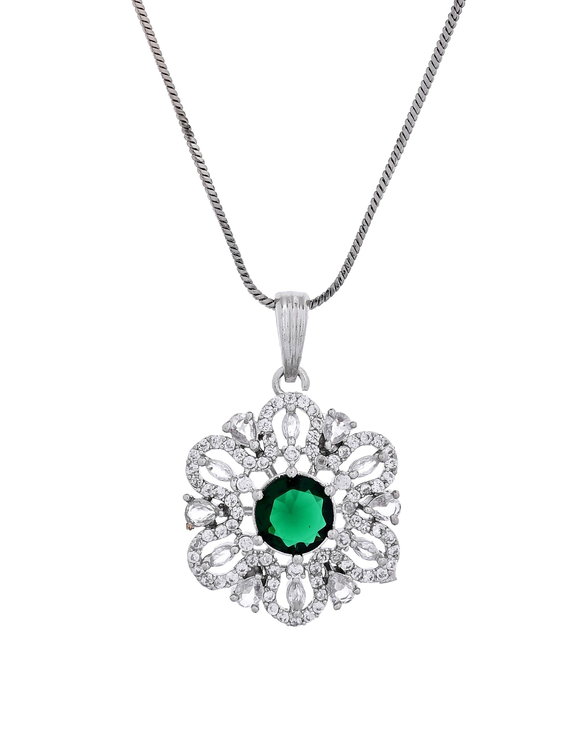VOJ Silver Plated Floral Shaped Green Circular Ad Chain Set  Grab2Buy VOJ Grab2Buy