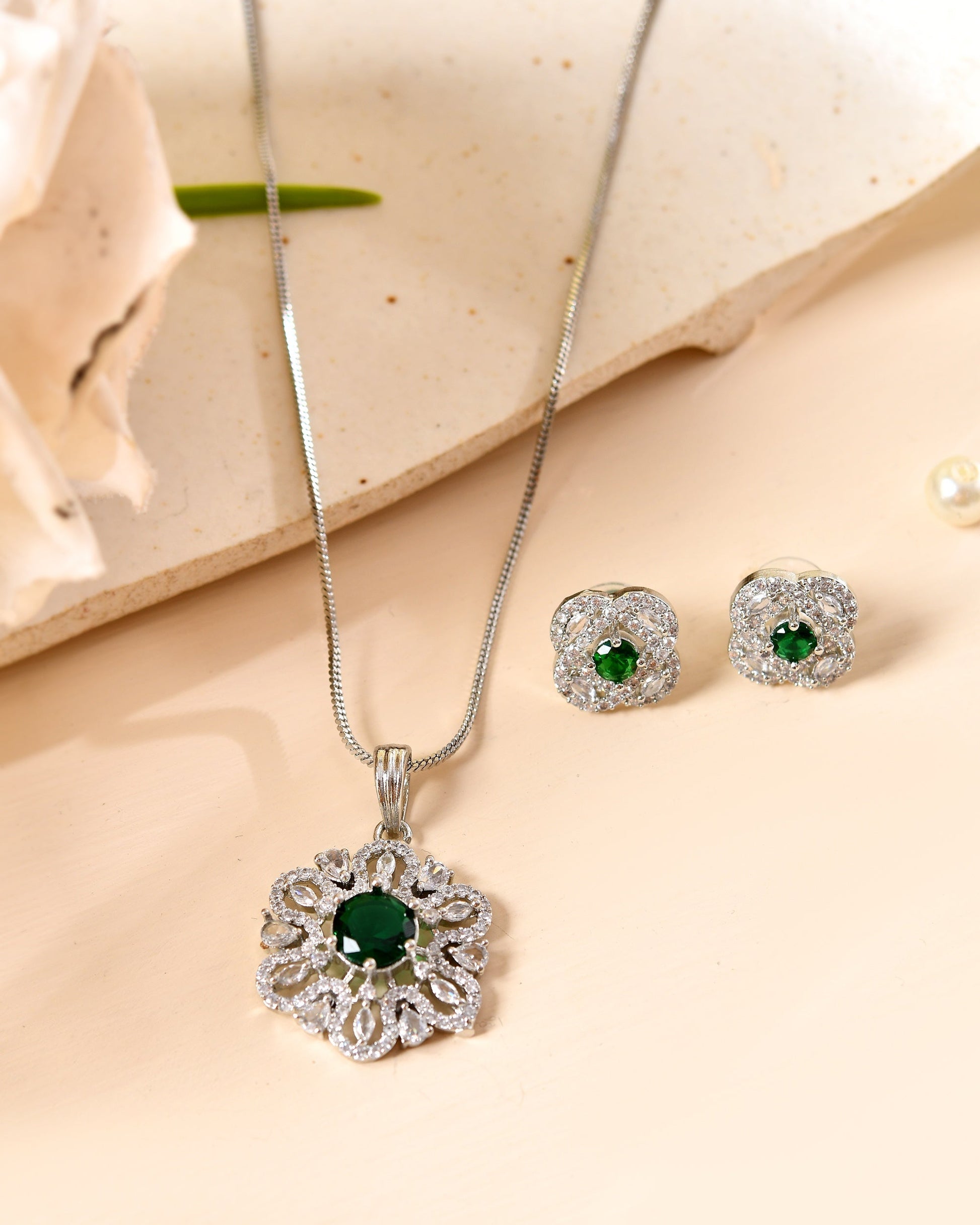 VOJ Silver Plated Floral Shaped Green Circular Ad Chain Set  Grab2Buy VOJ Grab2Buy