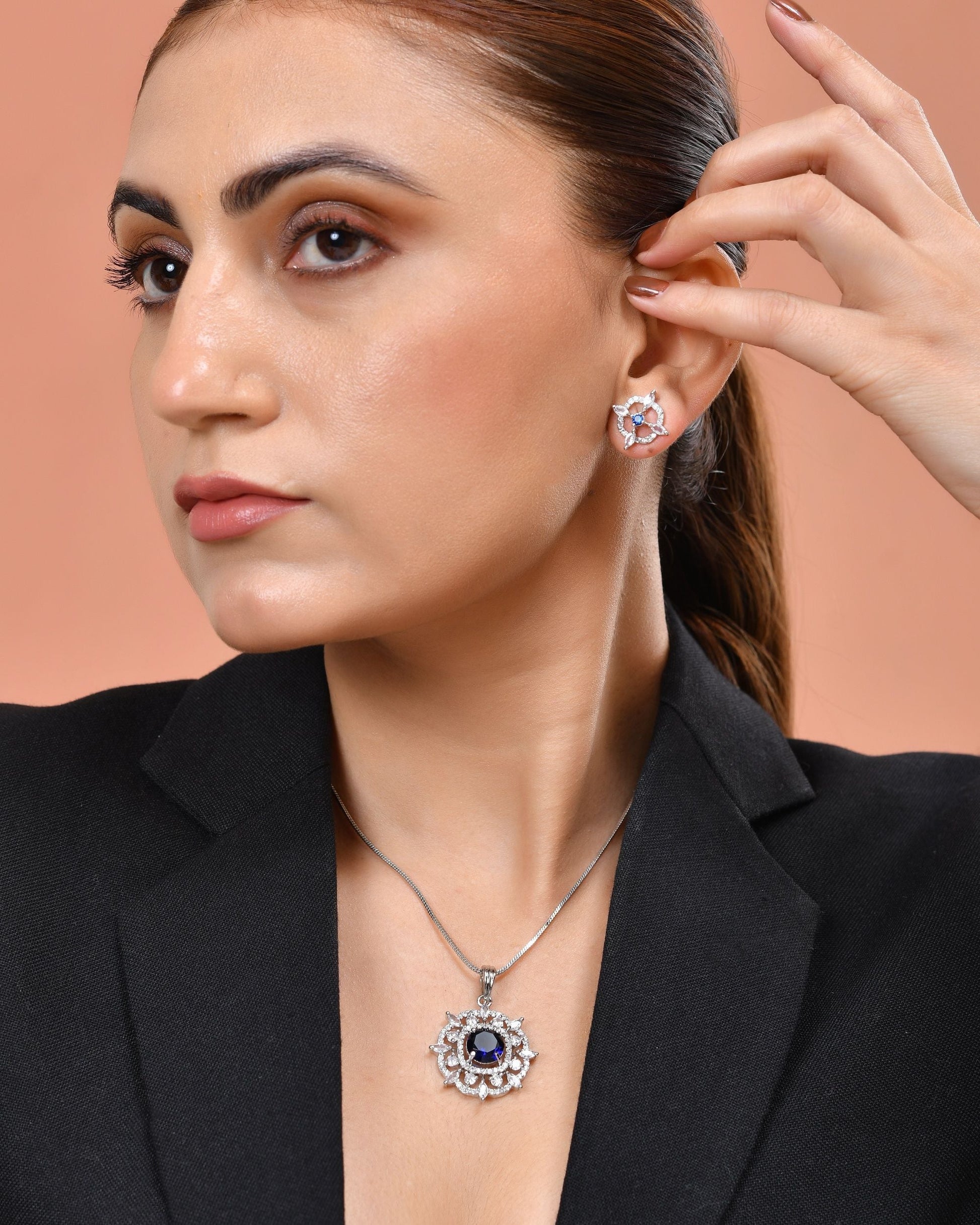 VOJ Silver Plated Blue Circular Stone Studded Sun Shaped Ad Pendant With Chain Set  Grab2Buy VOJ Grab2Buy