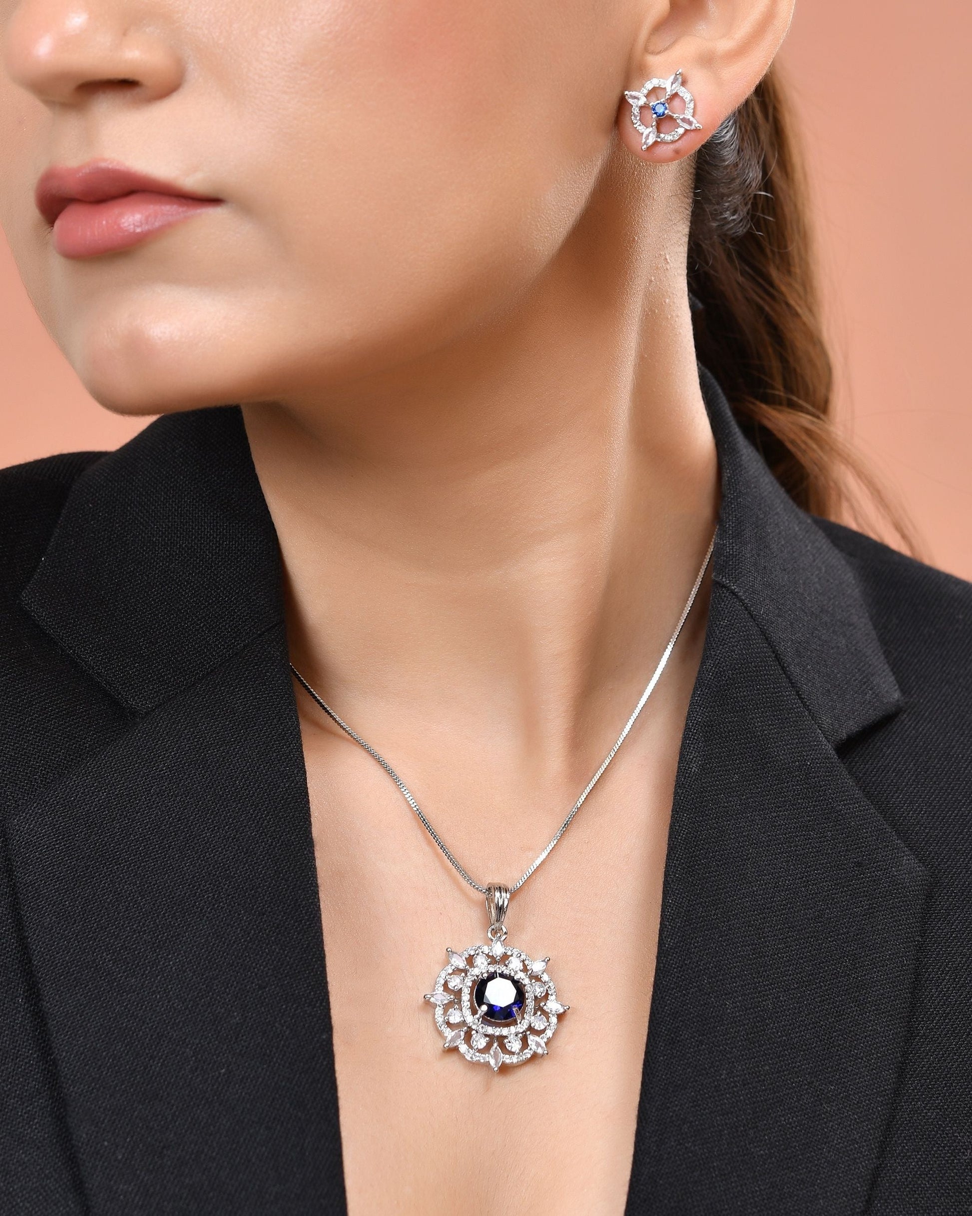 VOJ Silver Plated Blue Circular Stone Studded Sun Shaped Ad Pendant With Chain Set  Grab2Buy VOJ Grab2Buy