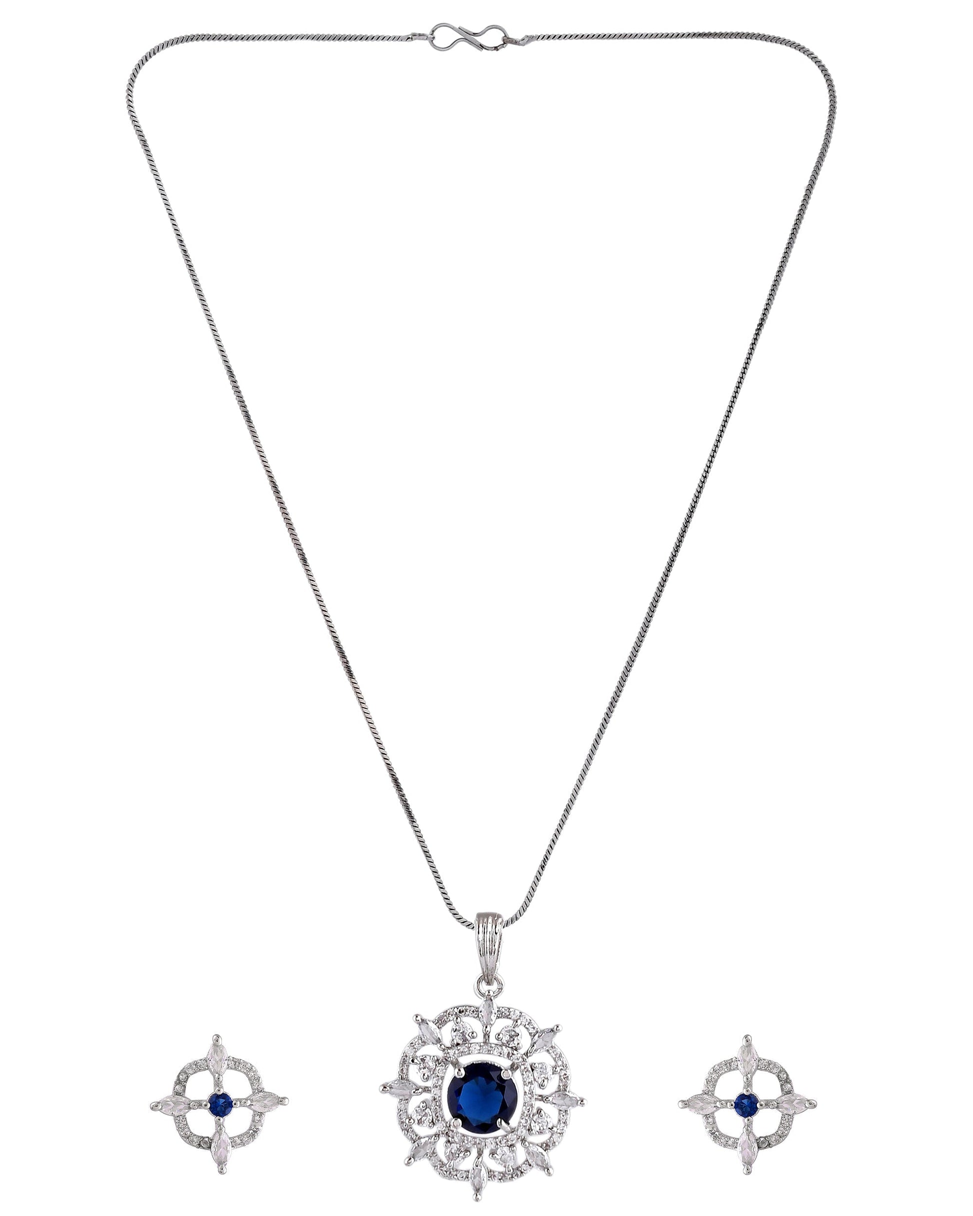 VOJ Silver Plated Blue Circular Stone Studded Sun Shaped Ad Pendant With Chain Set  Grab2Buy VOJ Grab2Buy