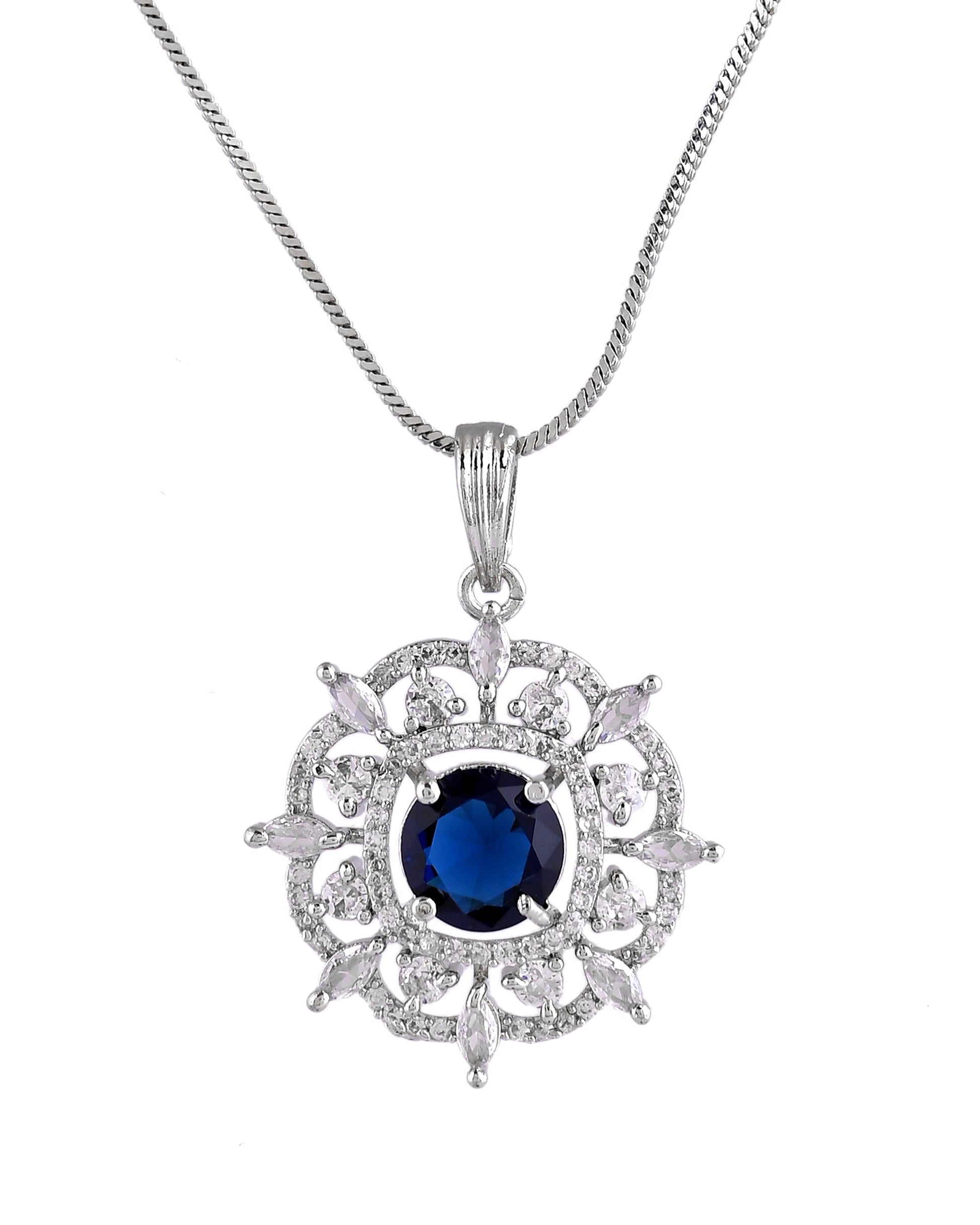 VOJ Silver Plated Blue Circular Stone Studded Sun Shaped Ad Pendant With Chain Set  Grab2Buy VOJ Grab2Buy