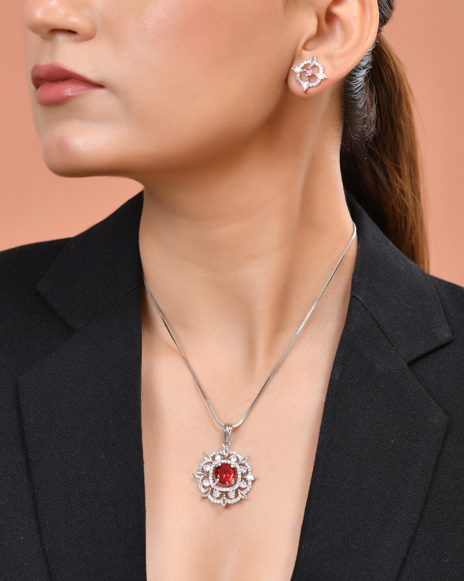 VOJ Silver Plated Ruby Red Circular Stone Studded Sun Shaped Ad Pendant With Chain Set  Grab2Buy VOJ Grab2Buy