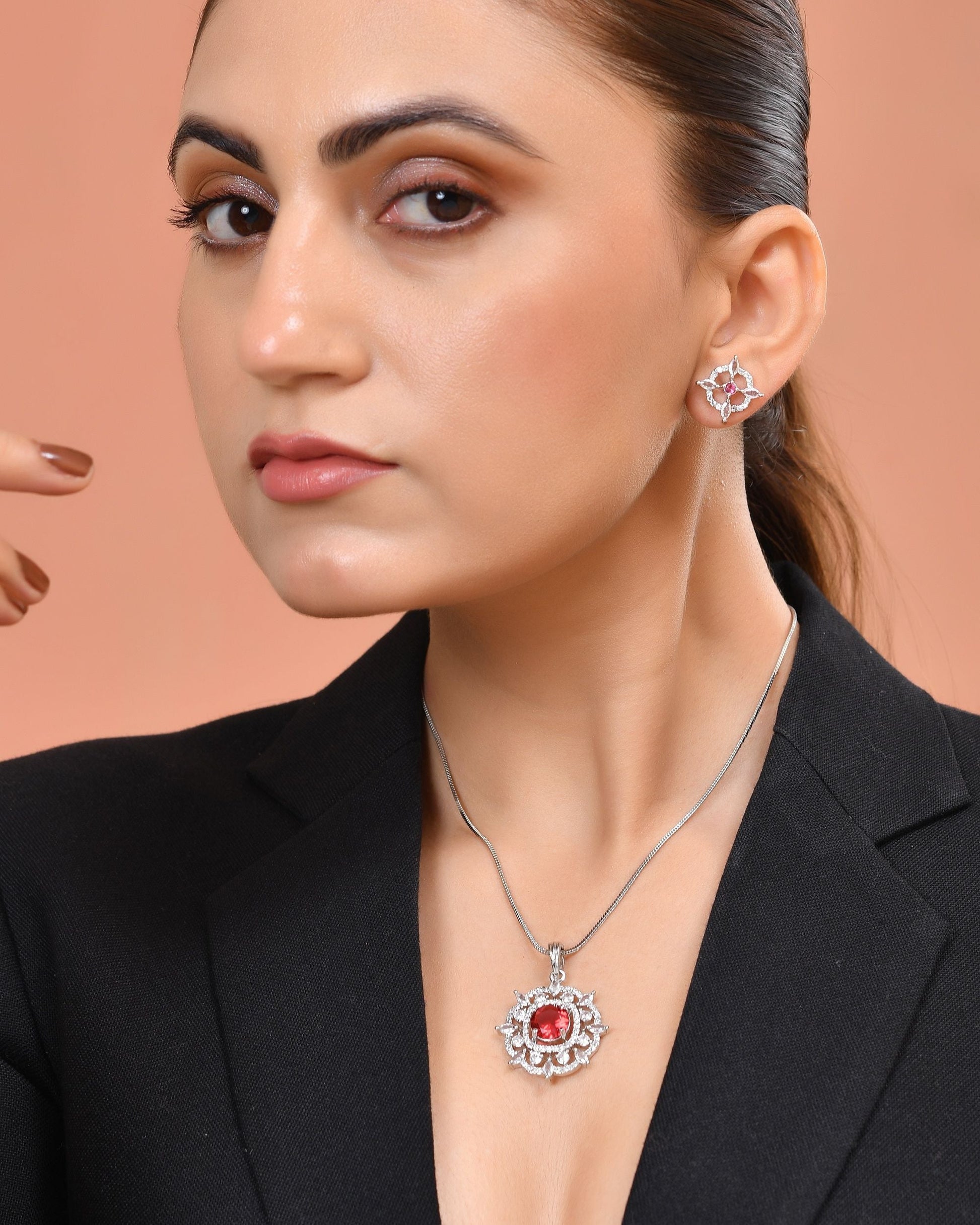 VOJ Silver Plated Ruby Red Circular Stone Studded Sun Shaped Ad Pendant With Chain Set  Grab2Buy VOJ Grab2Buy