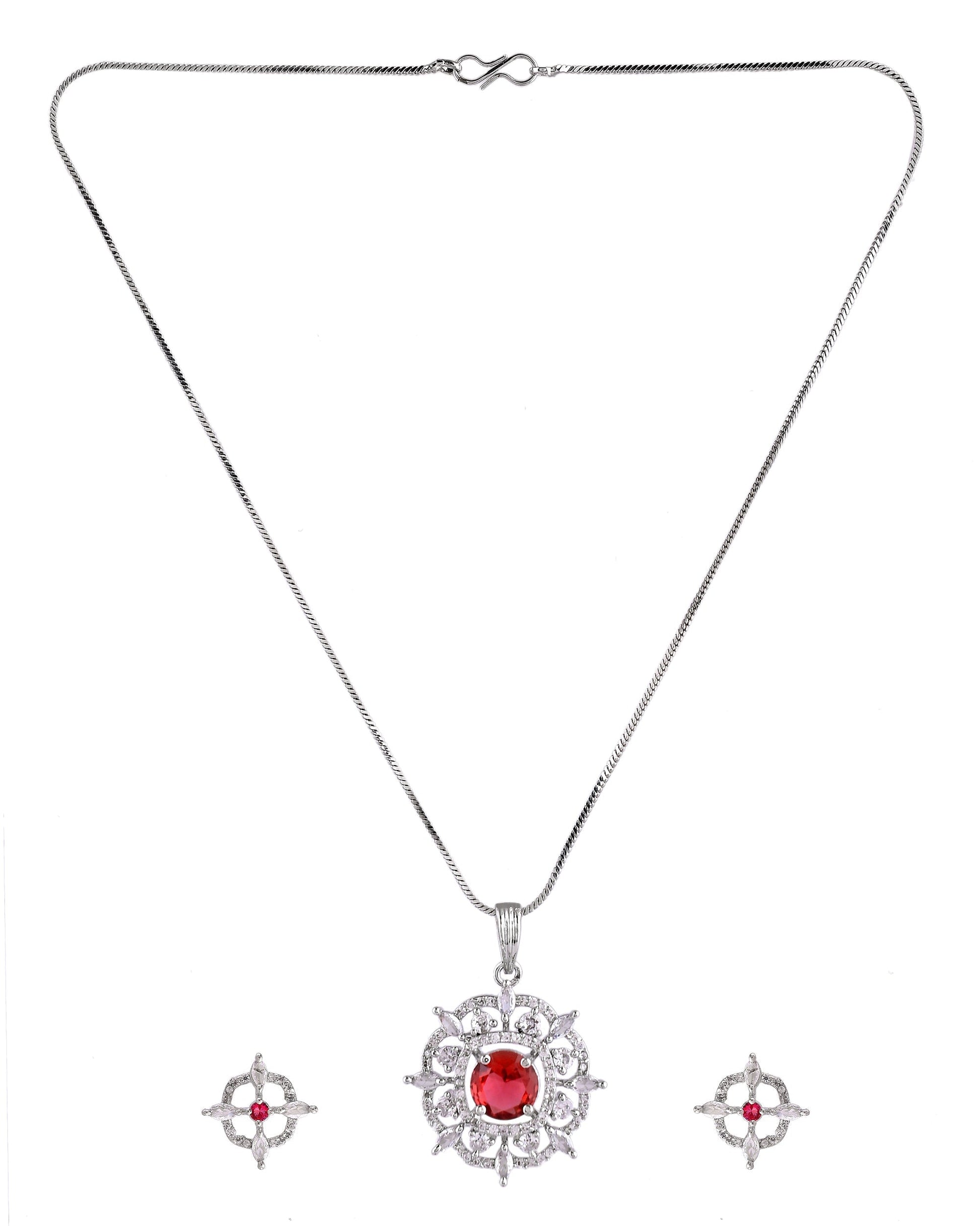 VOJ Silver Plated Ruby Red Circular Stone Studded Sun Shaped Ad Pendant With Chain Set  Grab2Buy VOJ Grab2Buy