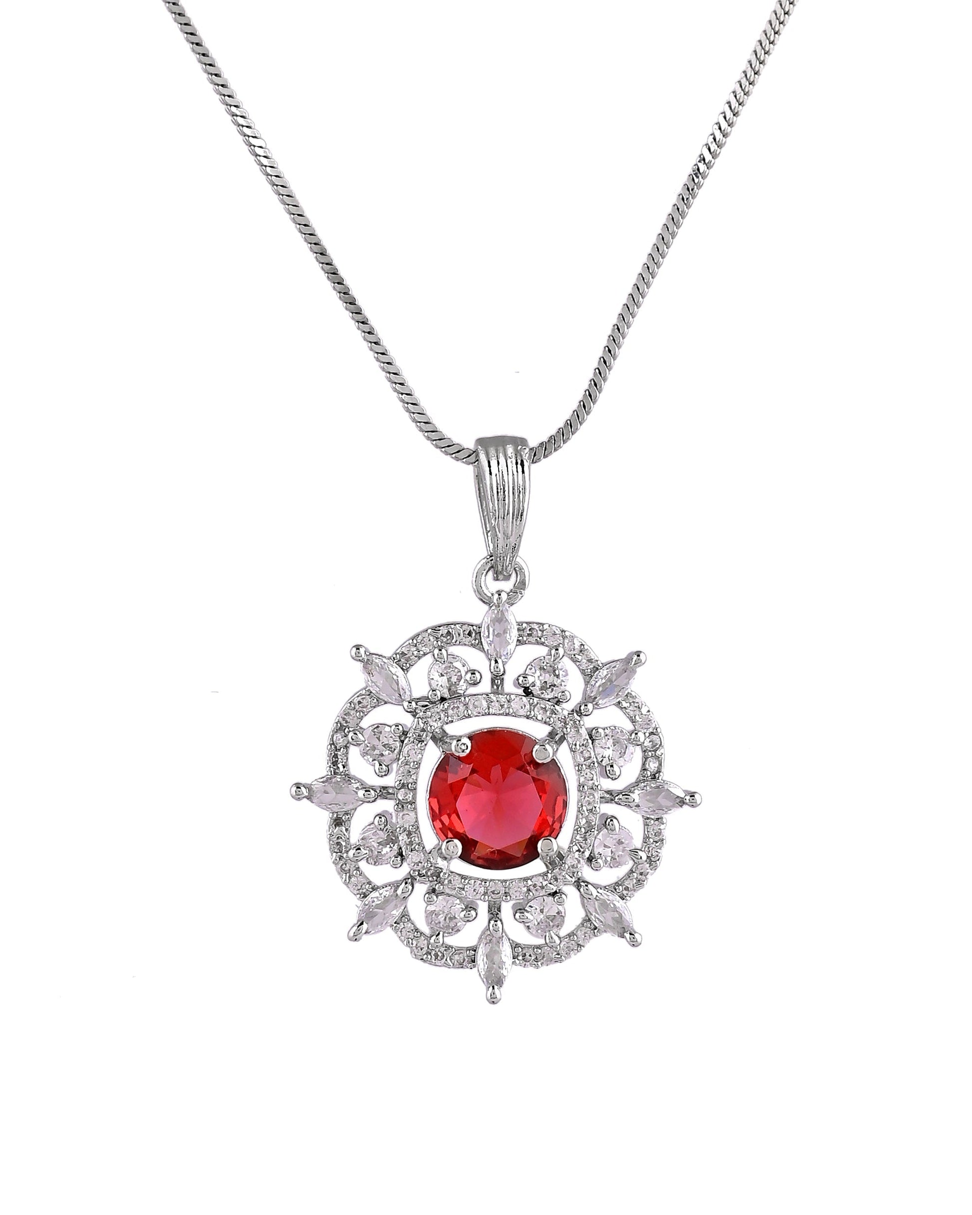 VOJ Silver Plated Ruby Red Circular Stone Studded Sun Shaped Ad Pendant With Chain Set  Grab2Buy VOJ Grab2Buy