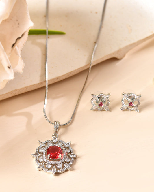 VOJ Silver Plated Ruby Red Circular Stone Studded Sun Shaped Ad Pendant With Chain Set  Grab2Buy VOJ Grab2Buy