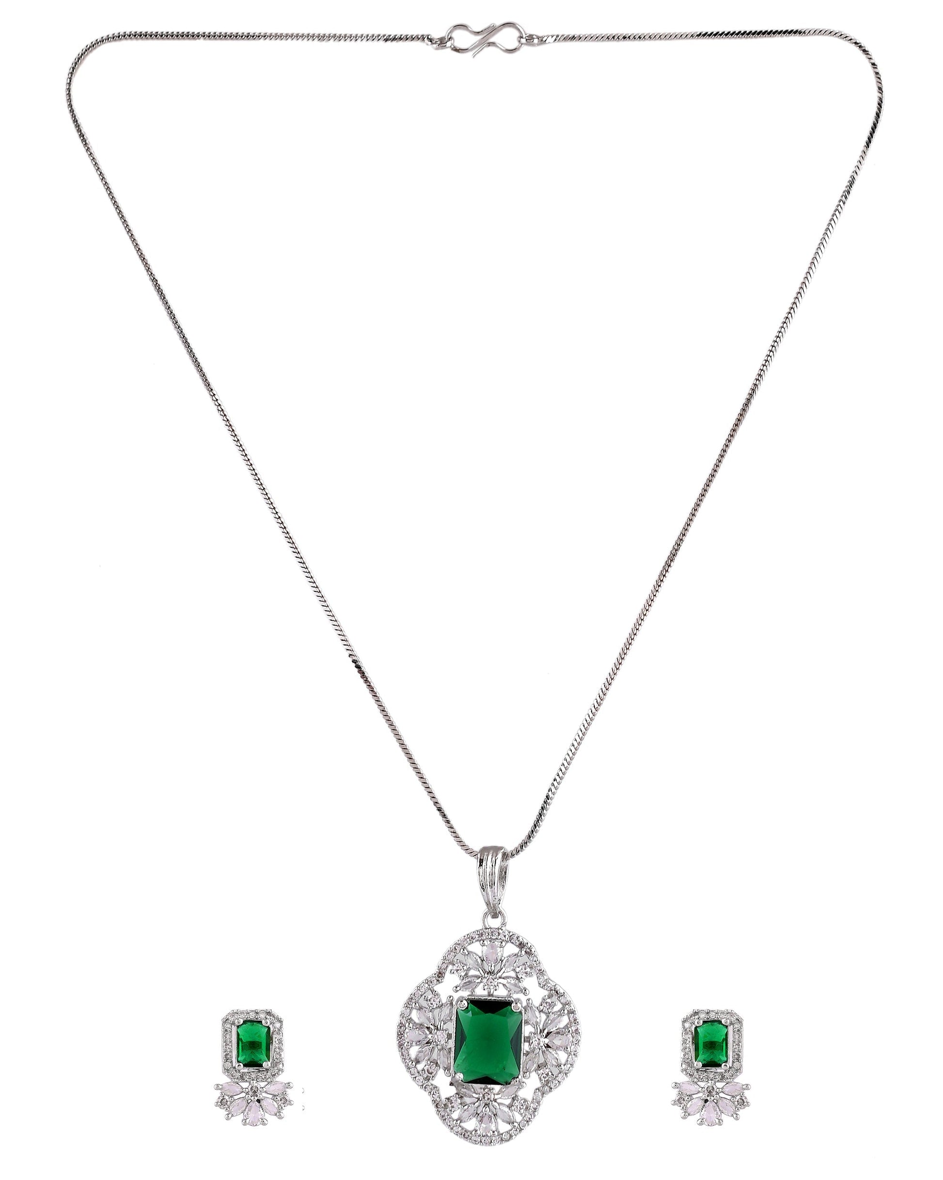 VOJ Silver Plated Green Rectangular Shaped Ad Chain Set  Grab2Buy VOJ Grab2Buy